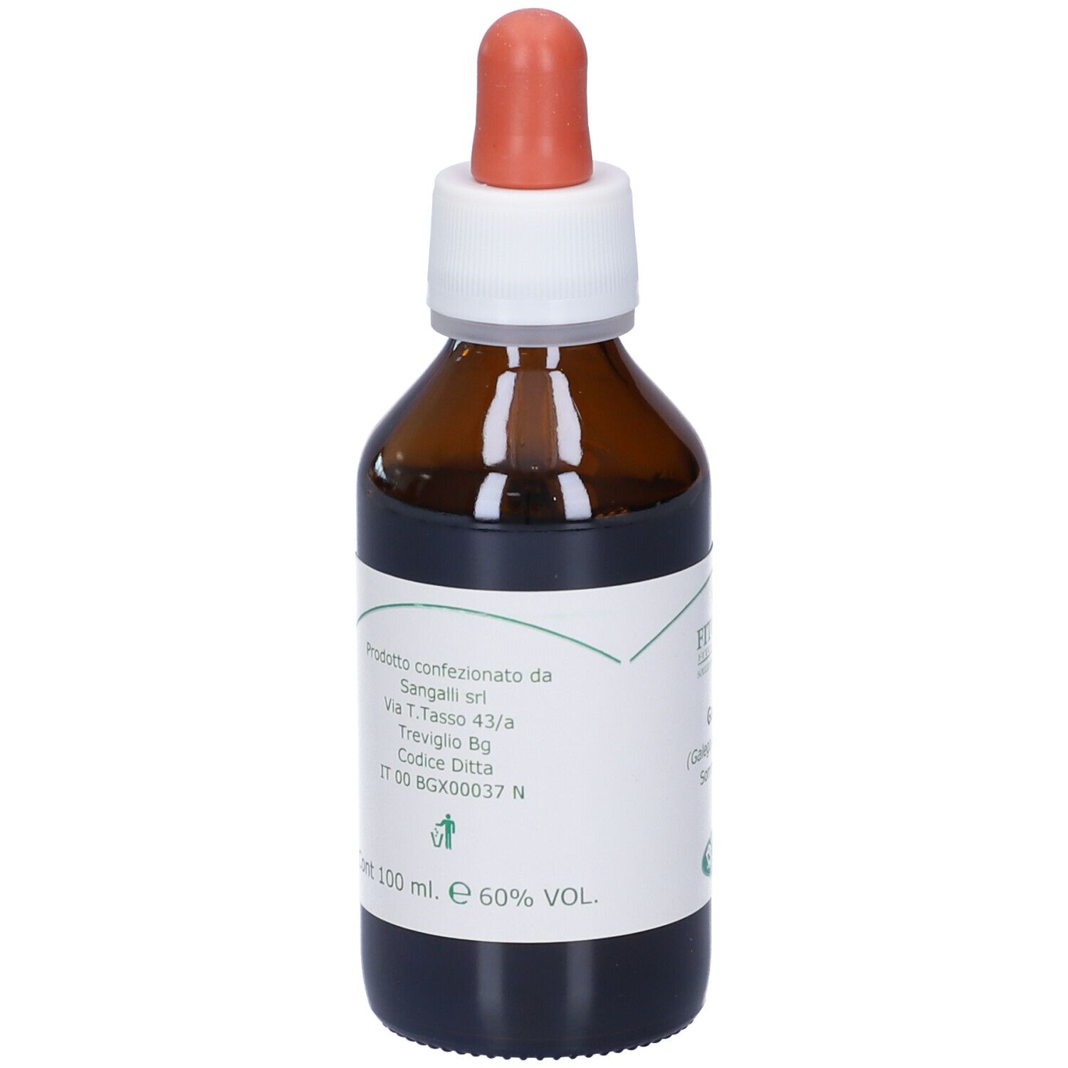 Flacone di vetro marrone con contagocce. Etichetta con informazioni del produttore e indicazione del volume. 100 ml, 60% VOL.