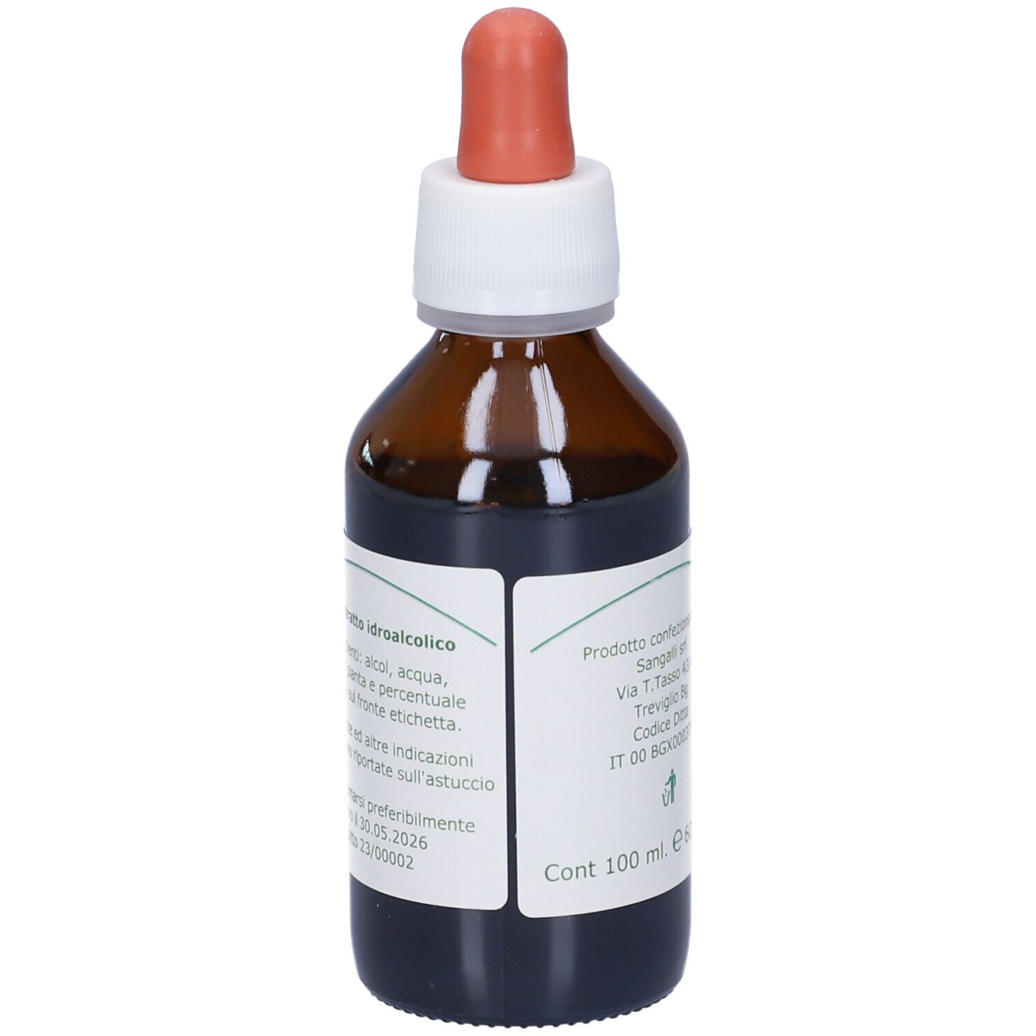 Flacone di vetro marrone con contagocce. Etichetta con informazioni sul prodotto, ingredienti e data di scadenza. 100 ml.