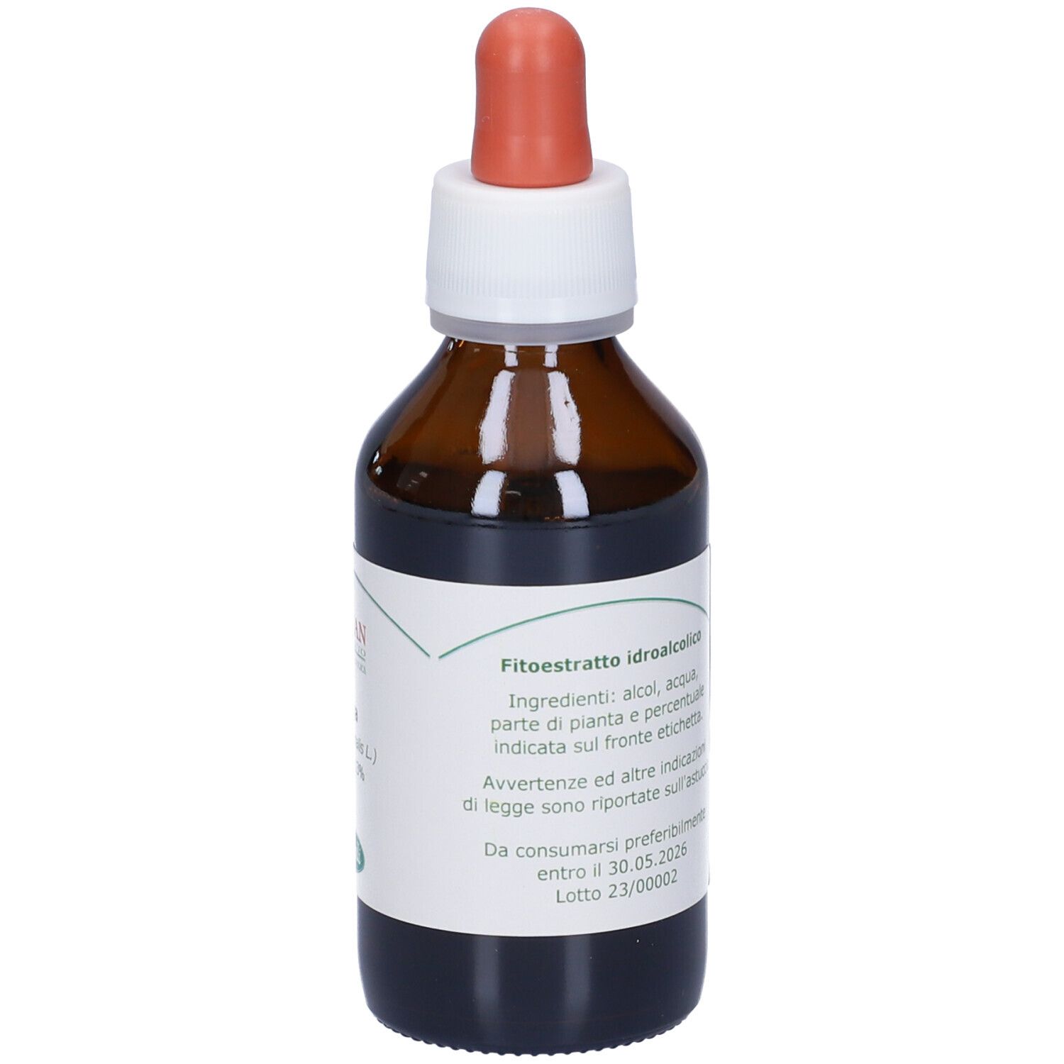 Flacone di vetro marrone con contagocce. Etichetta con informazioni sul prodotto, ingredienti e data di scadenza. 100 ml.