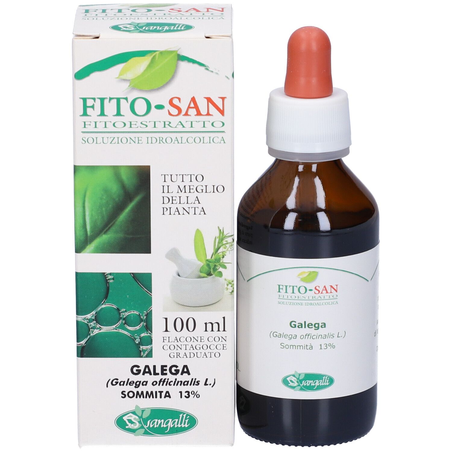 Flacone del prodotto con confezione. Flacone di vetro marrone con contagocce e scatola. Stampa: nome del prodotto, marchio Fito-San.