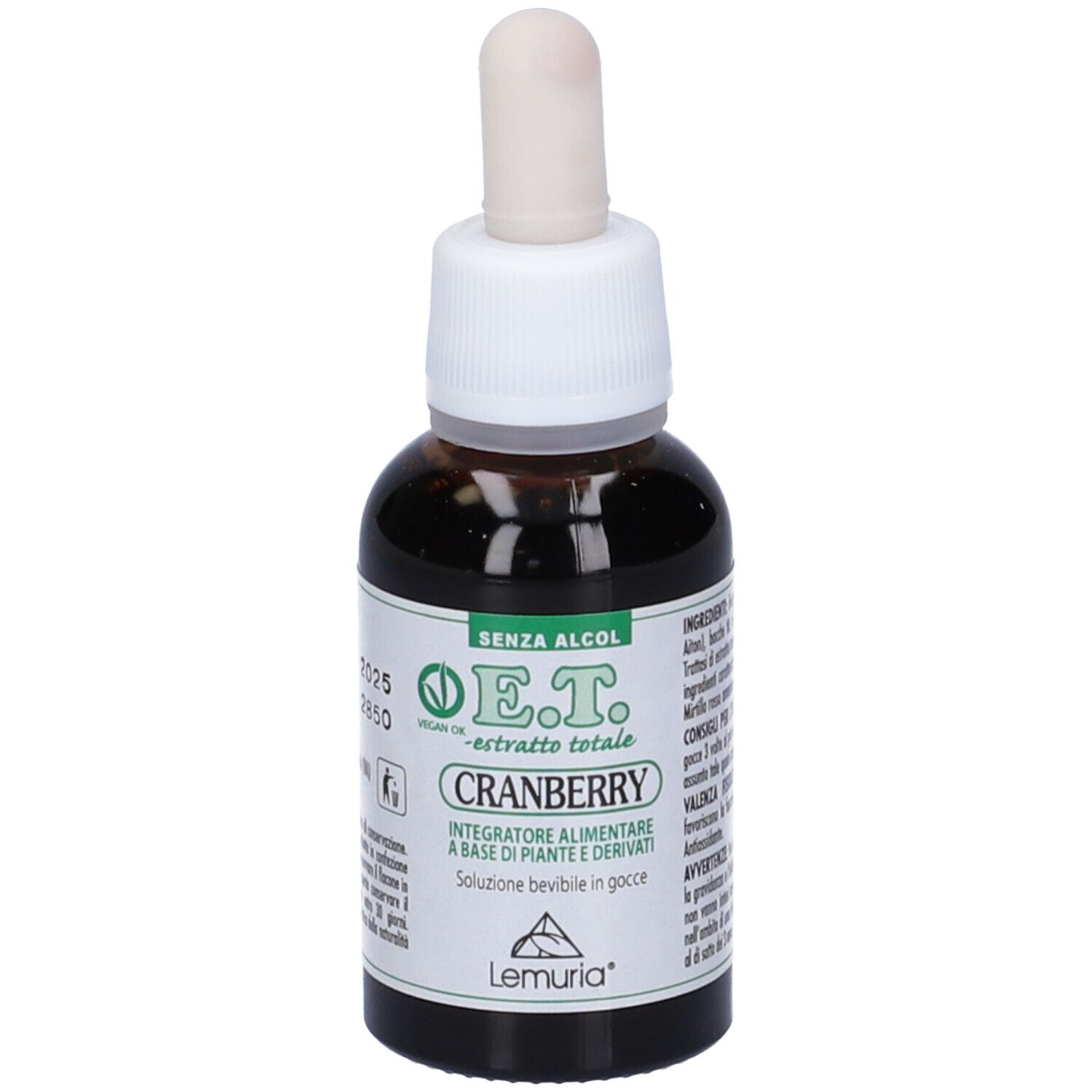 Flacone di vetro marrone con contagocce bianco. Scritta: E.T. -estratto totale- Cranberry. Logo: Lemuria. Senza alcool.