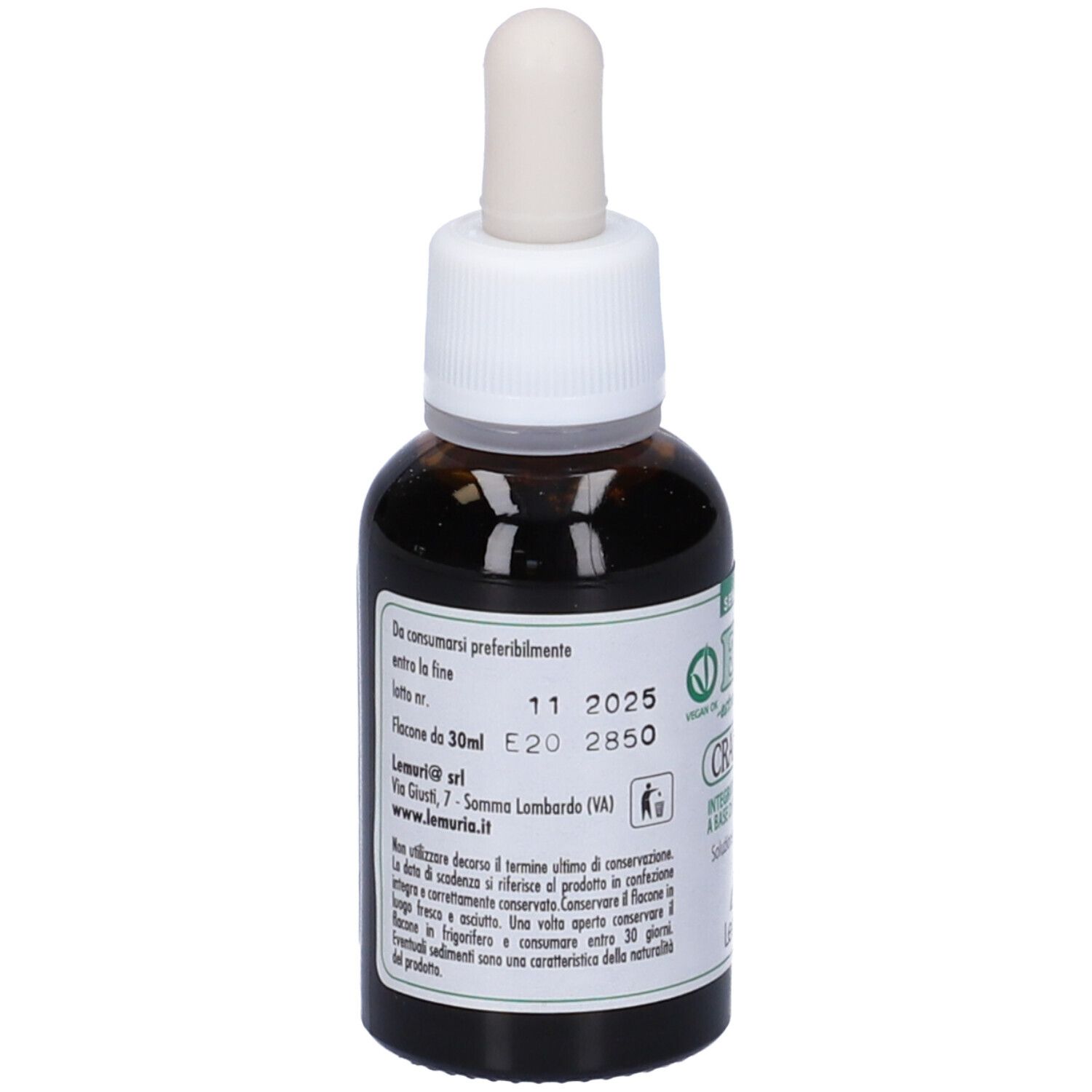 Flacone di vetro marrone con contagocce bianco. Scritta: E.T. -estratto totale- Cranberry. Logo: Lemuria. Senza alcool. Etichetta con ingredienti.