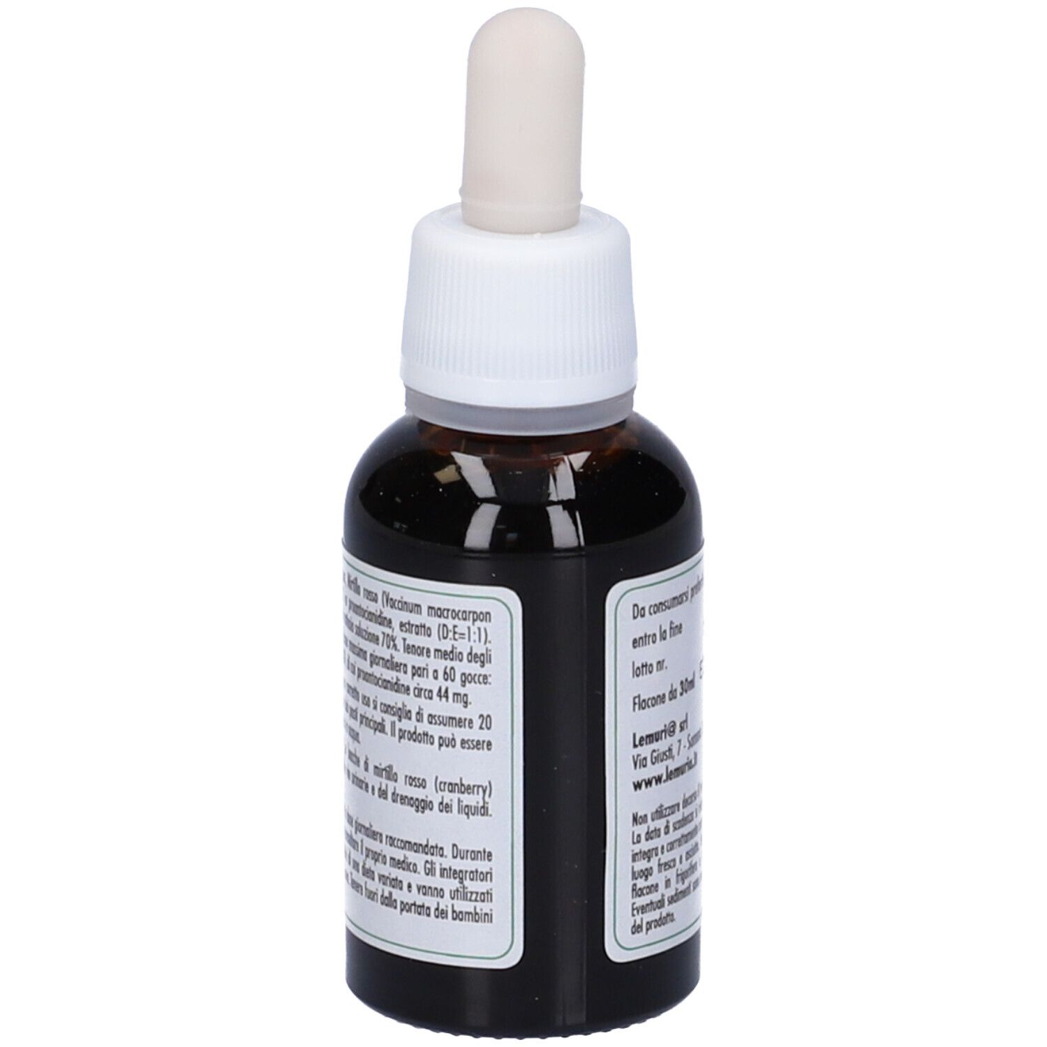 Flacone di vetro marrone con contagocce bianco. Scritta: E.T. -estratto totale- Cranberry. Logo: Lemuria. Senza alcool. Etichetta con ingredienti.