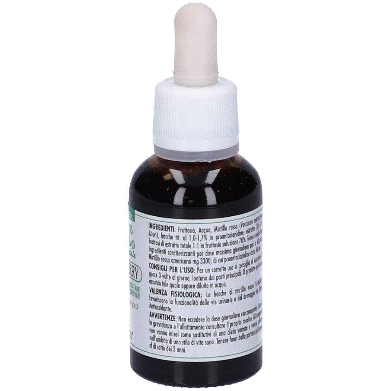 Flacone di vetro marrone con contagocce bianco. Scritta: E.T. -estratto totale- Cranberry. Logo: Lemuria. Senza alcool. Etichetta con ingredienti.