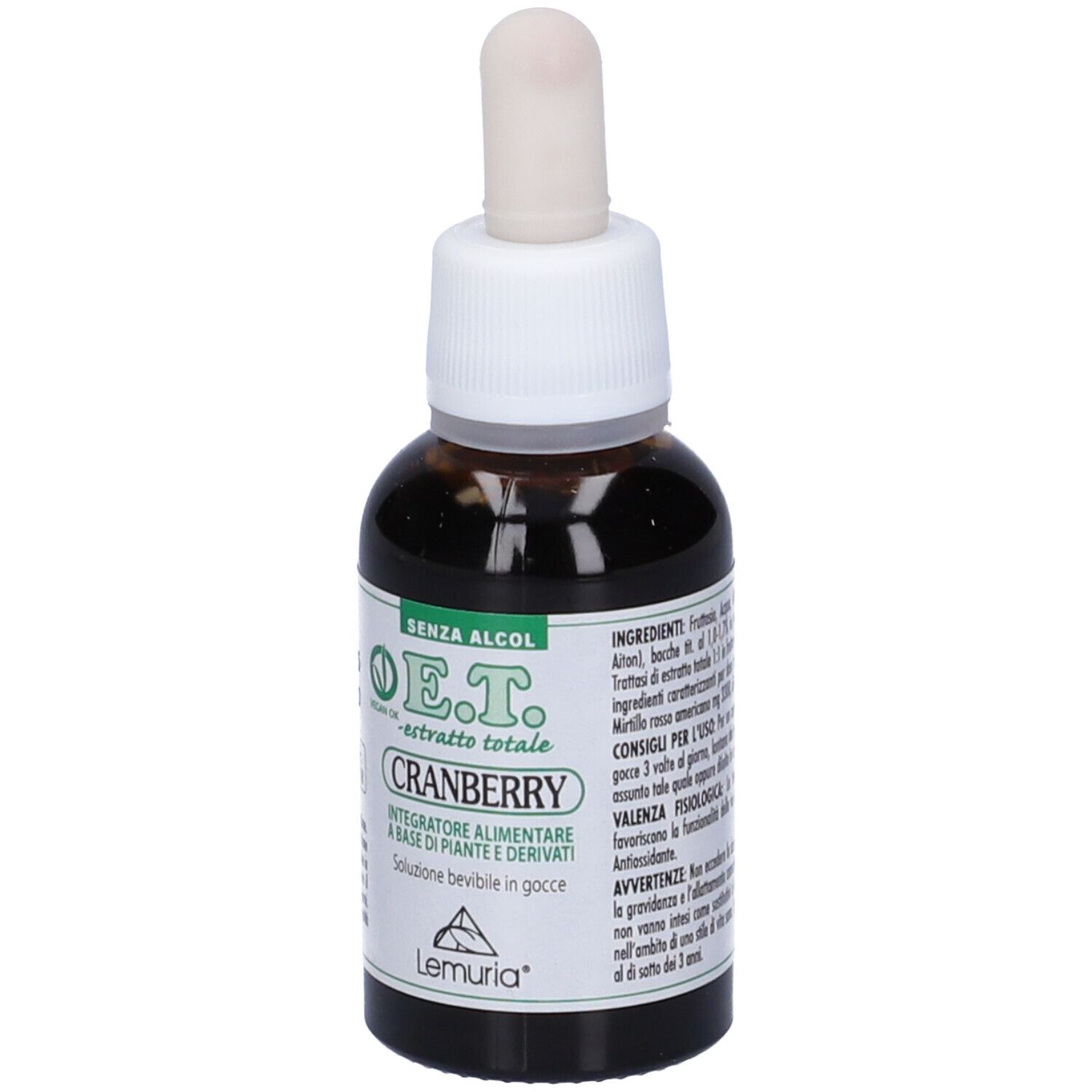 Flacone di vetro marrone con contagocce bianco. Scritta: E.T. -estratto totale- Cranberry. Logo: Lemuria. Senza alcool. Etichetta con ingredienti.
