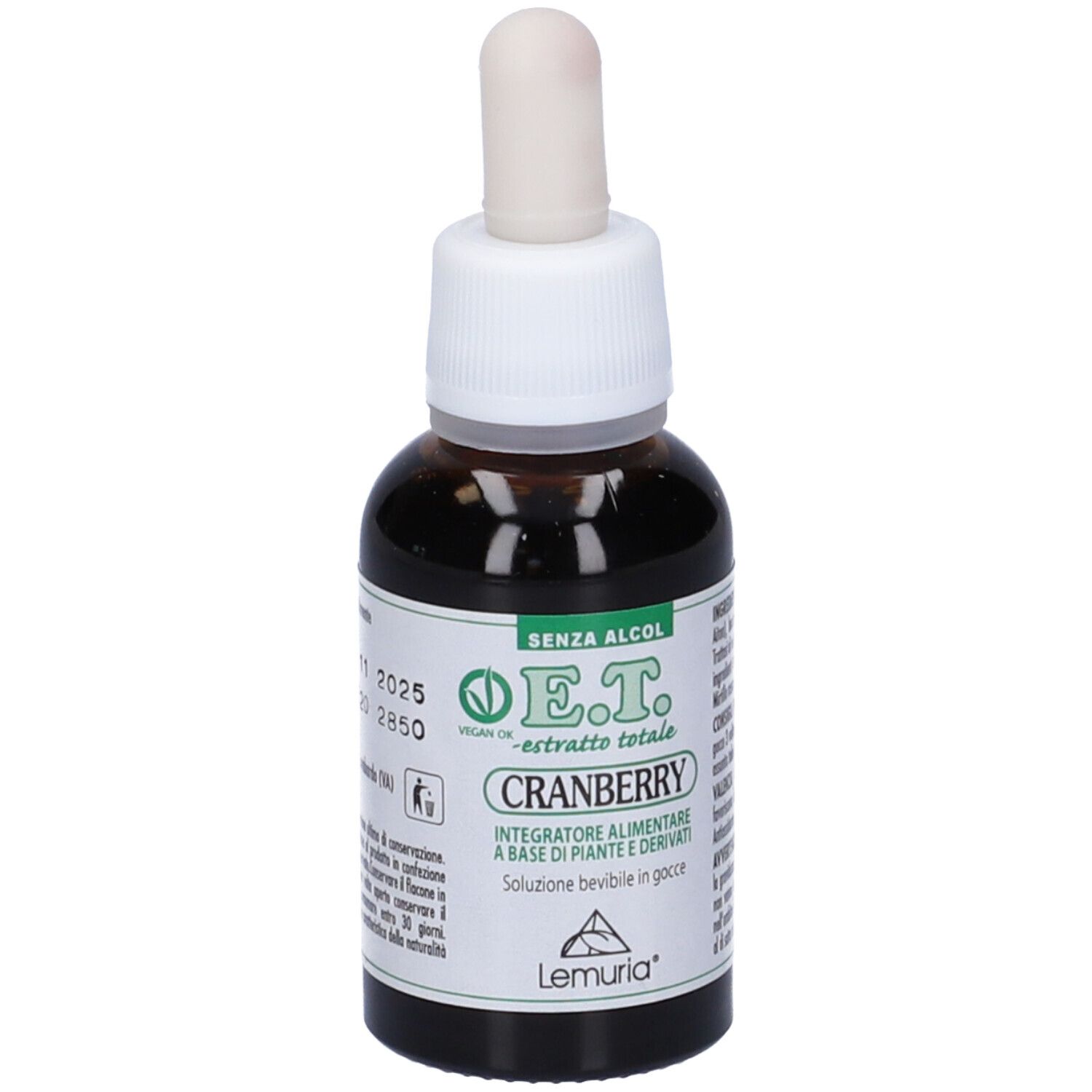 Flacone di vetro marrone con contagocce bianco. Scritta: E.T. -estratto totale- Cranberry. Logo: Lemuria. Senza alcool. Etichetta con ingredienti.
