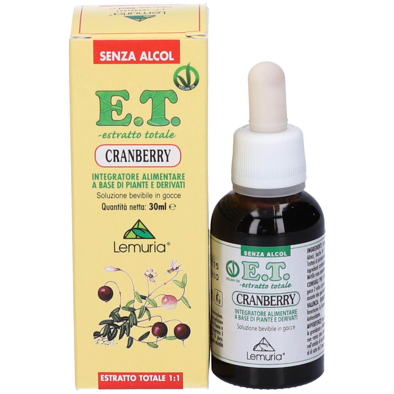 Confezione del prodotto e flacone. Scritta: E.T. -estratto totale- Cranberry. Logo: Lemuria. Senza alcool. Flacone con contagocce.