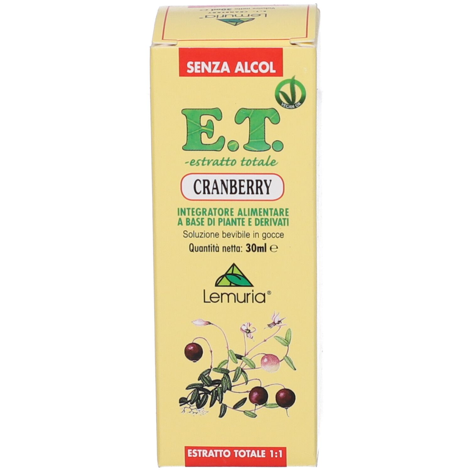 Scatola gialla con stampa del prodotto. Scritta: E.T. -estratto totale- Cranberry. Logo: Lemuria. Senza alcool.