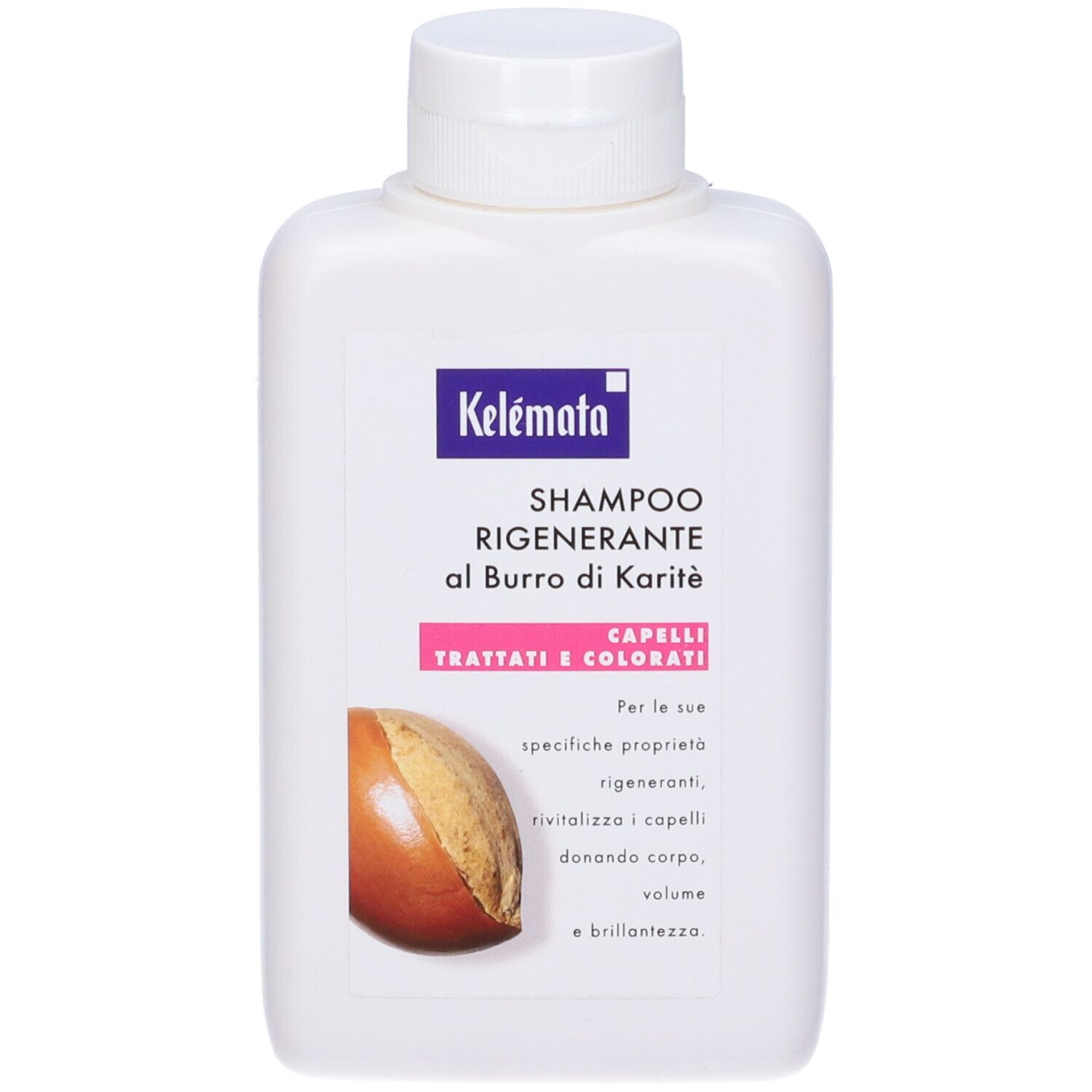 Flacone bianco con etichetta blu. Testo: Shampoo Rigenerante al Burro di Karité. Illustrazione di noce di karité.