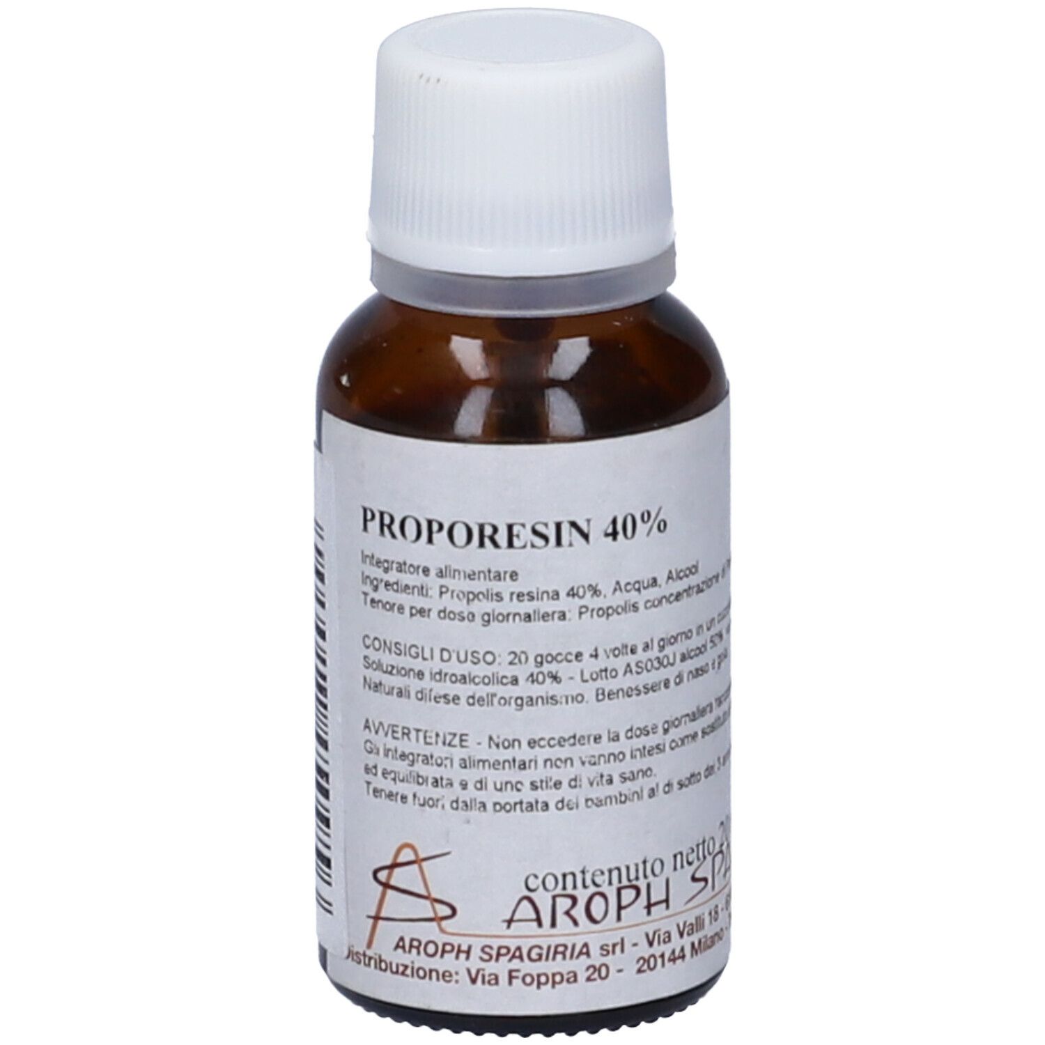 Flacone di vetro marrone con tappo bianco. Etichetta con nome del prodotto: Proporesin 40%.