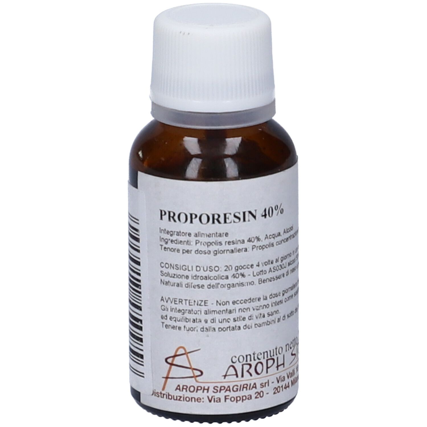 Flacone di vetro marrone con tappo bianco. Etichetta con nome del prodotto: Proporesin 40%.