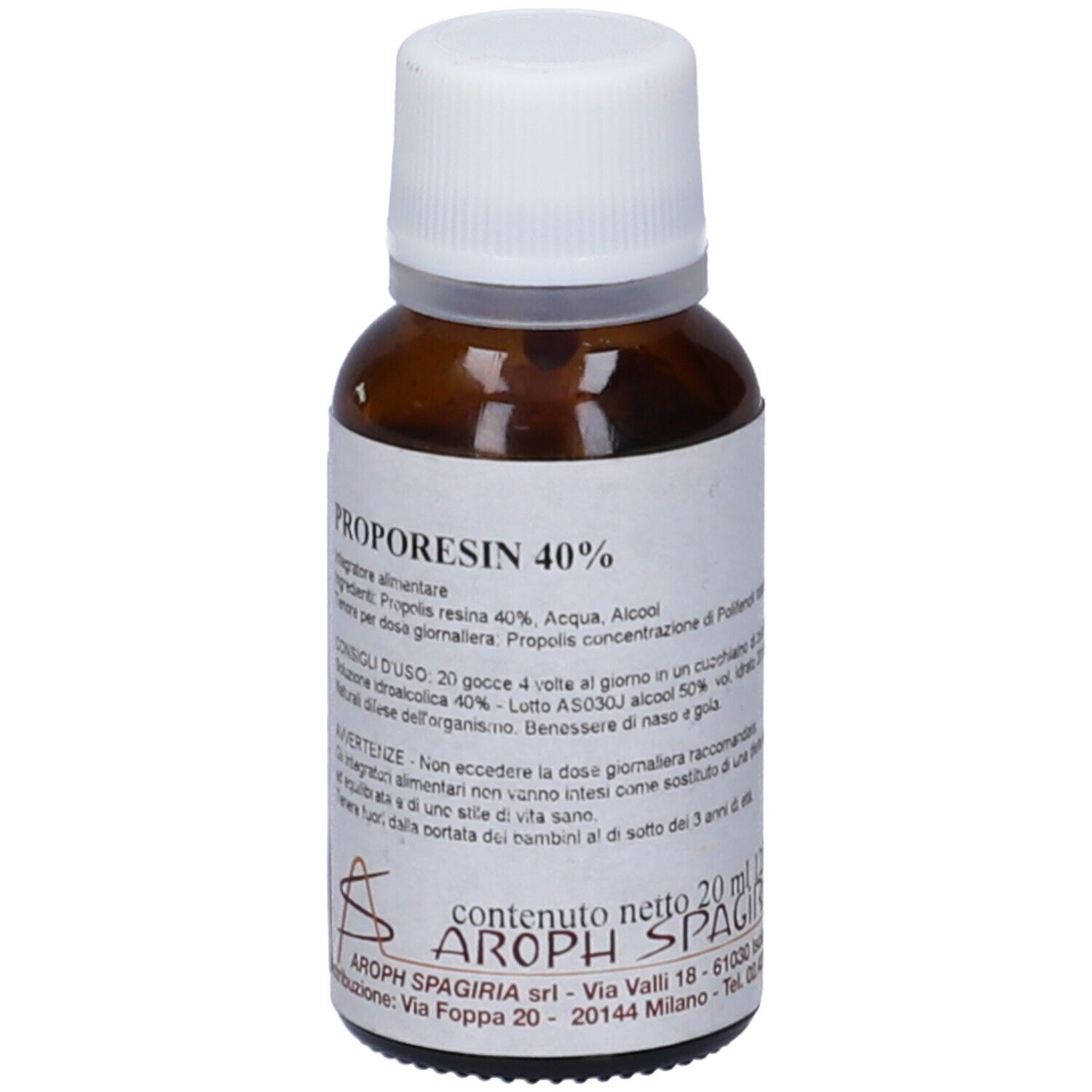 Flacone di vetro marrone con tappo bianco. Etichetta con nome del prodotto: Proporesin 40%. Contenuto: 20 ml.