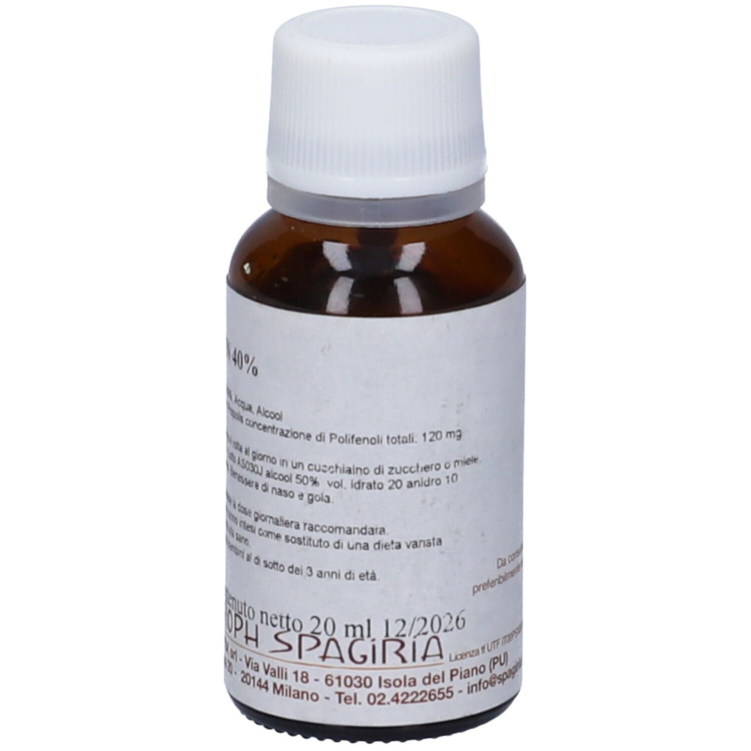 Flacone di vetro marrone con tappo bianco. Etichetta con nome del prodotto: Proporesin 40%. Contenuto: 20 ml. Scadenza 12/2026.