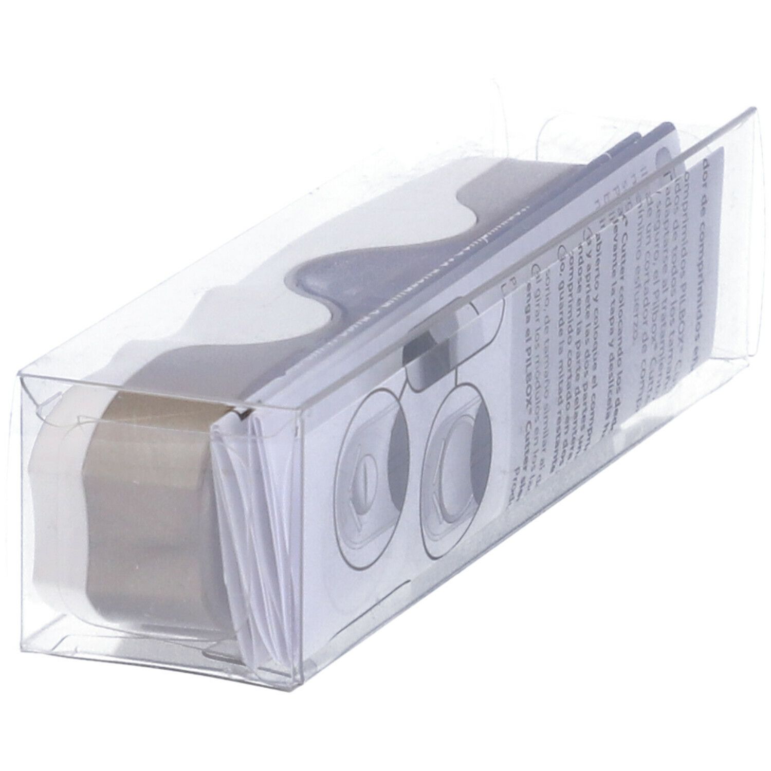 Tagliapillole in confezione trasparente. Istruzioni visibili. Marchio PILBOX. Corpo bianco.