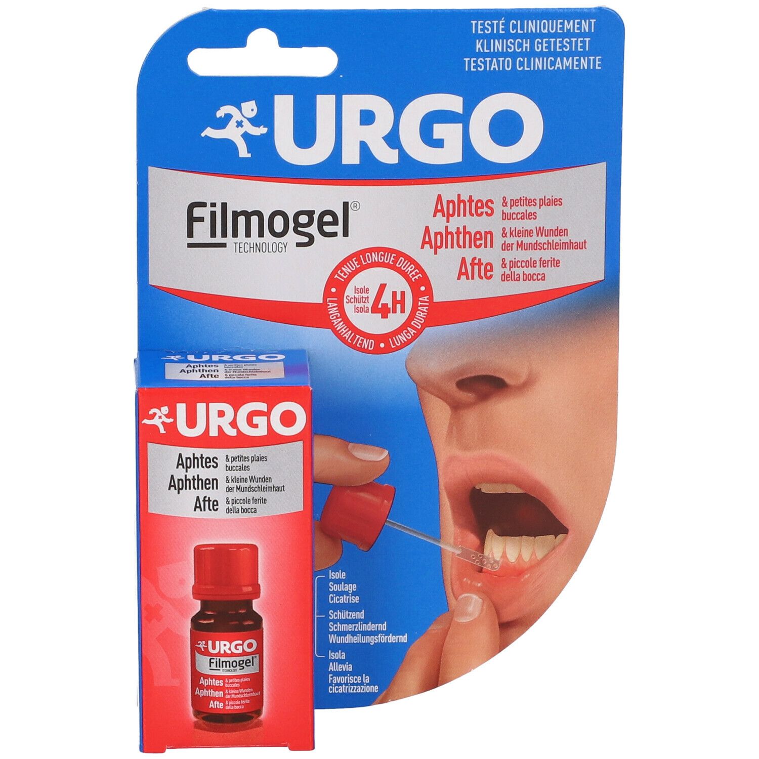Confezione e flacone URGO Filmogel. Flacone con applicatore. Bocca con applicatore. Testo: Afte, piccole ferite della bocca.