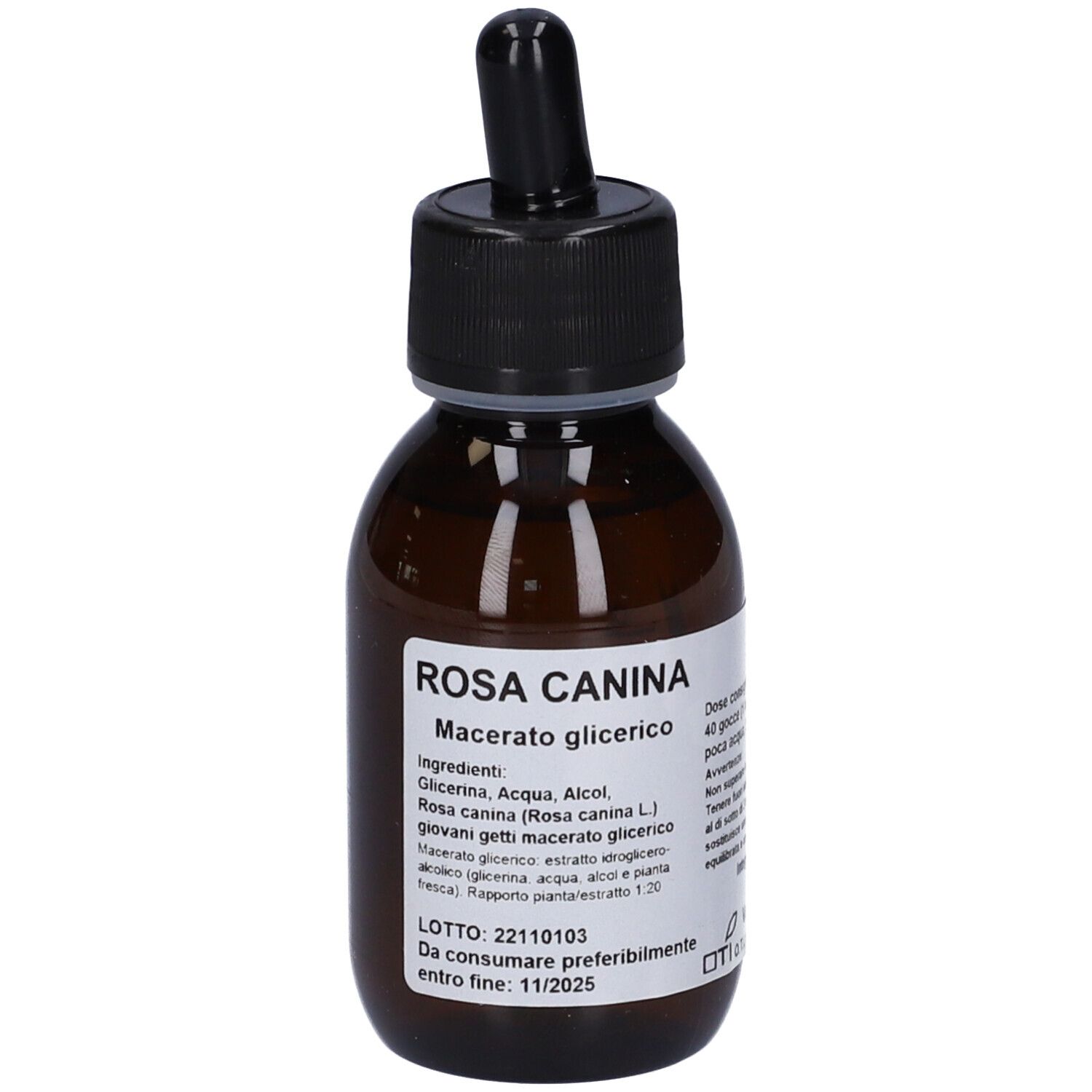 Flacone di vetro marrone con tappo nero e contagocce. Etichetta con testo. Nome prodotto: Rosa Canina Macerato Glicerico.