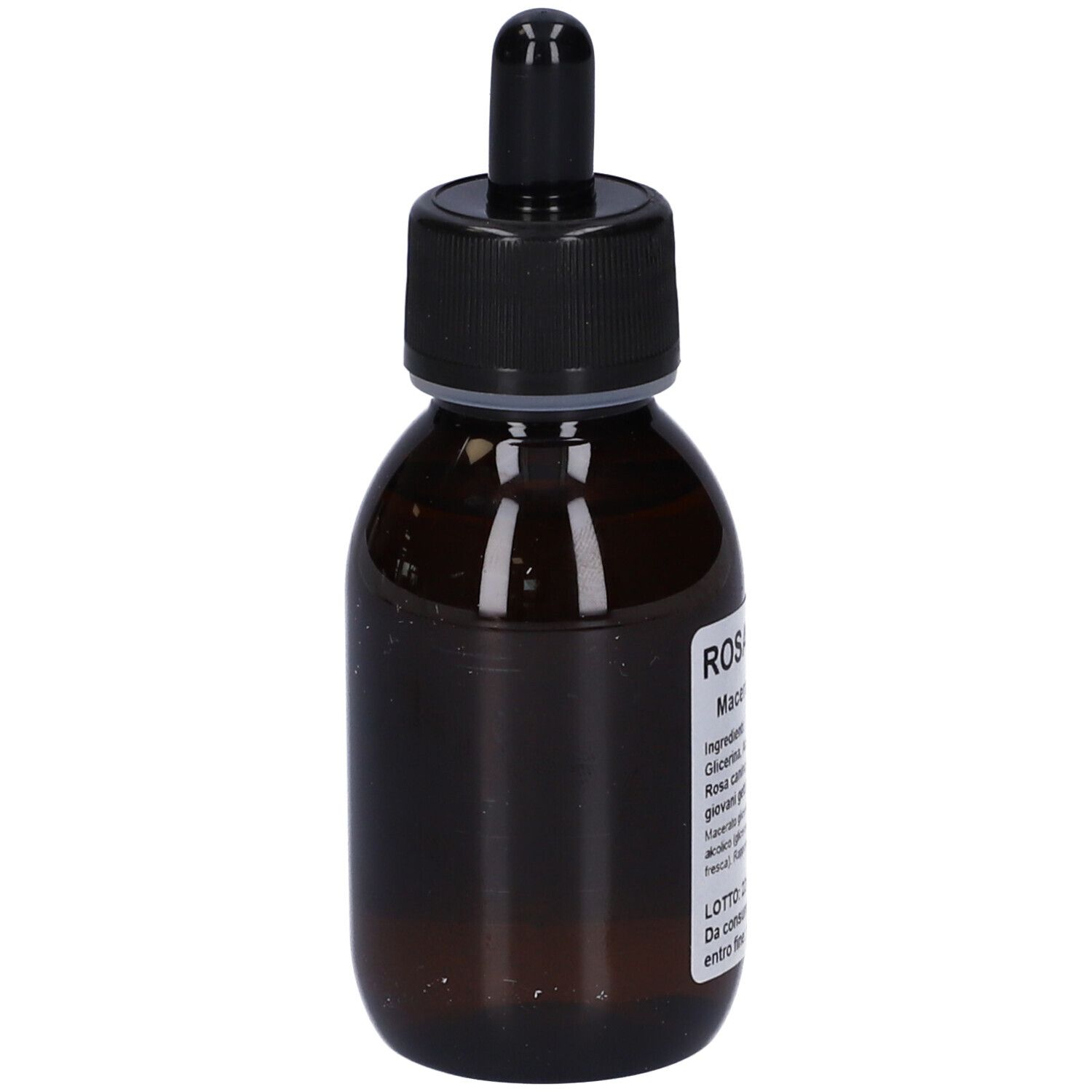 Flacone di vetro marrone con tappo nero e contagocce. Etichetta parzialmente visibile. Nome prodotto: Rosa Canina Macerato Glicerico.