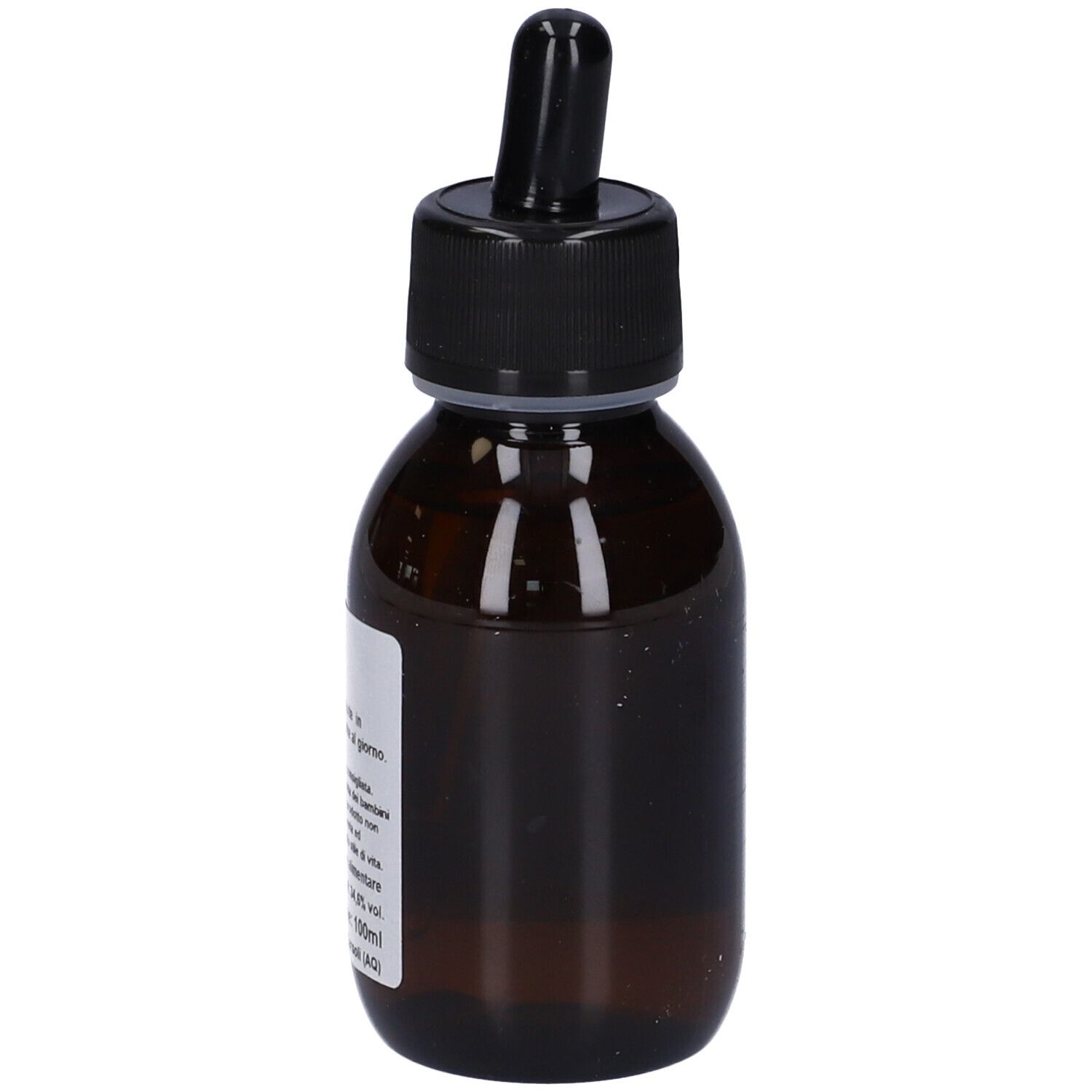 Flacone di vetro marrone con tappo nero e contagocce. Etichetta parzialmente visibile. Nome prodotto: Rosa Canina Macerato Glicerico.