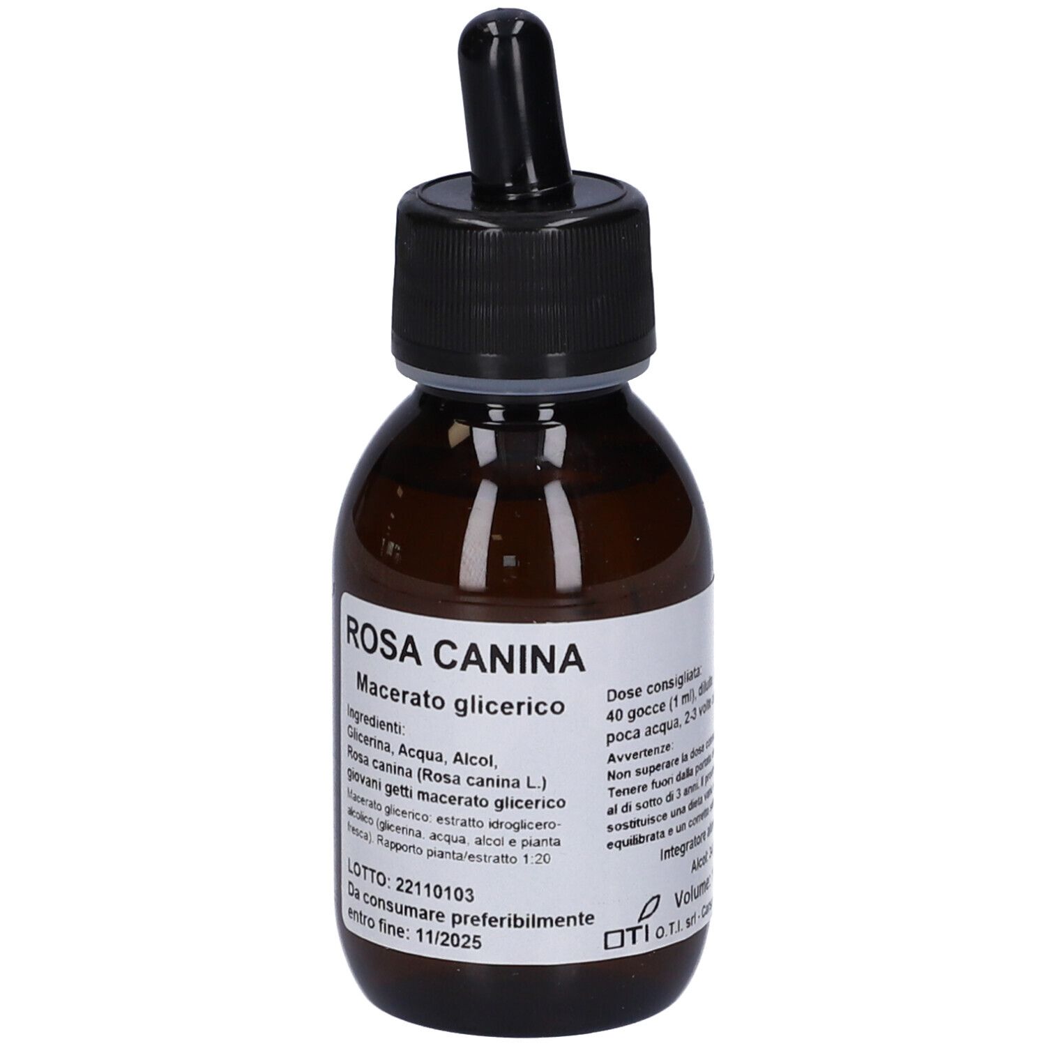 Flacone di vetro marrone con tappo nero e contagocce. Etichetta con testo. Nome prodotto: Rosa Canina Macerato Glicerico.