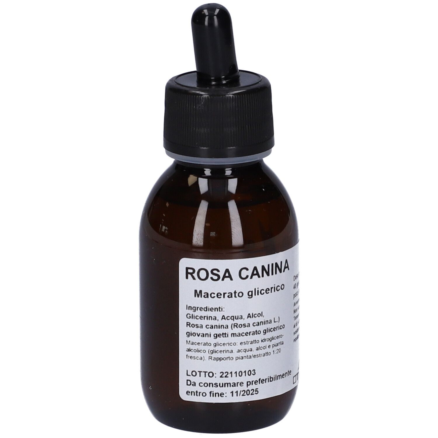 Flacone di vetro marrone con tappo nero e contagocce. Etichetta con testo. Nome prodotto: Rosa Canina Macerato Glicerico.
