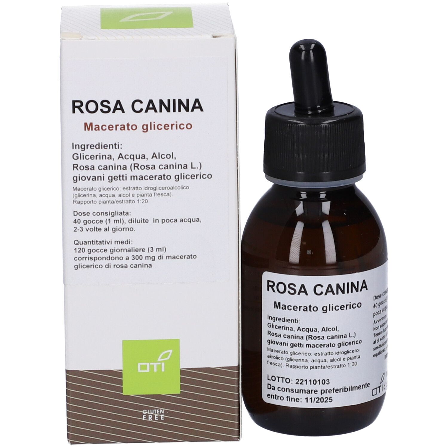 Flacone di vetro marrone con tappo nero e contagocce, accanto a scatola bianca. Nome prodotto: Rosa Canina Macerato Glicerico.