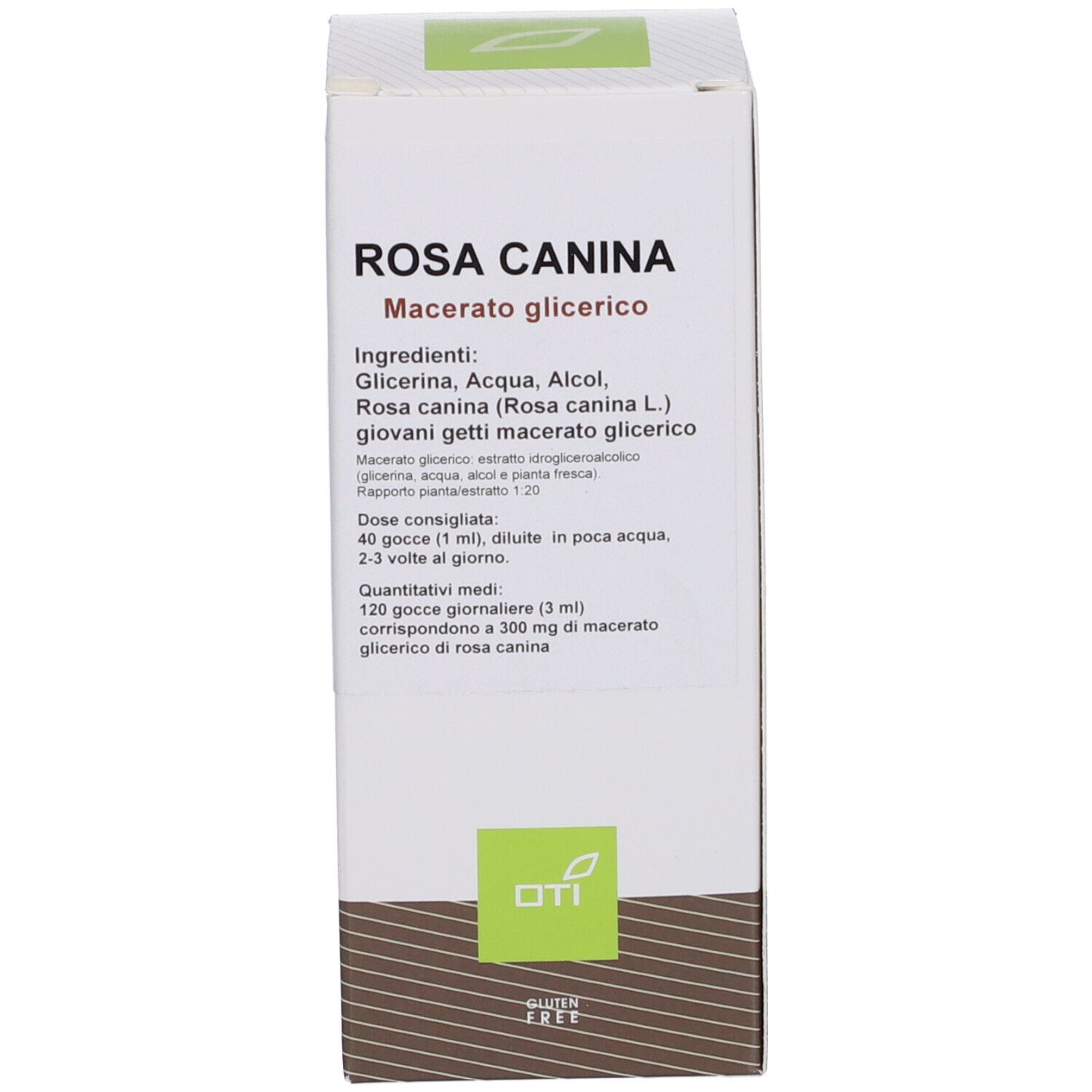 Scatola bianca con testo. Nome prodotto: Rosa Canina Macerato Glicerico. Logo: OTI.