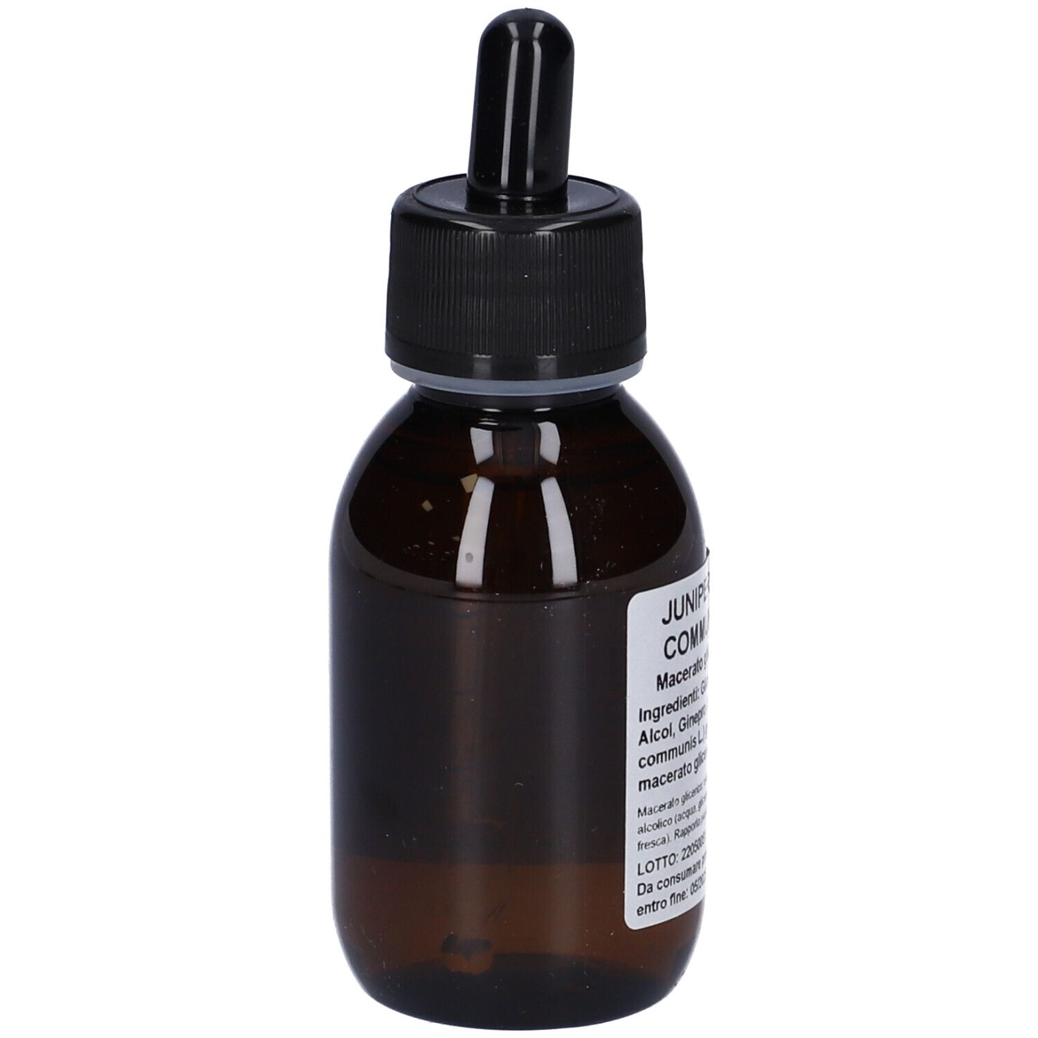 Flacone di vetro marrone con tappo nero e contagocce. Etichetta con informazioni sul prodotto. Juniperus communis.