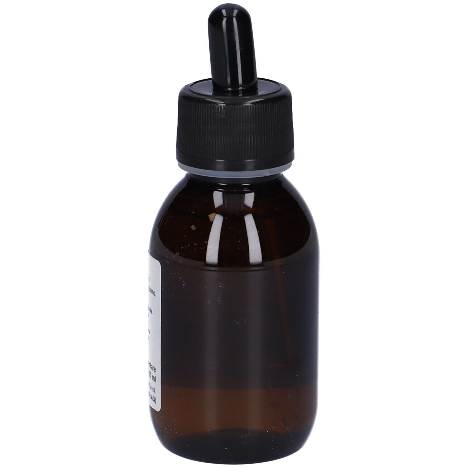 Flacone di vetro marrone con tappo nero e contagocce. Etichetta con informazioni sul prodotto. Juniperus communis.