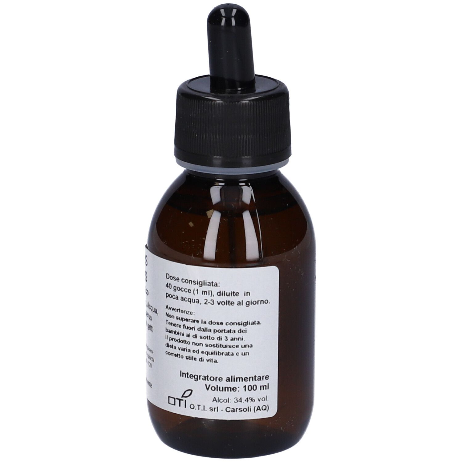 Flacone di vetro marrone con tappo nero e contagocce. Etichetta con informazioni sul prodotto. Juniperus communis.