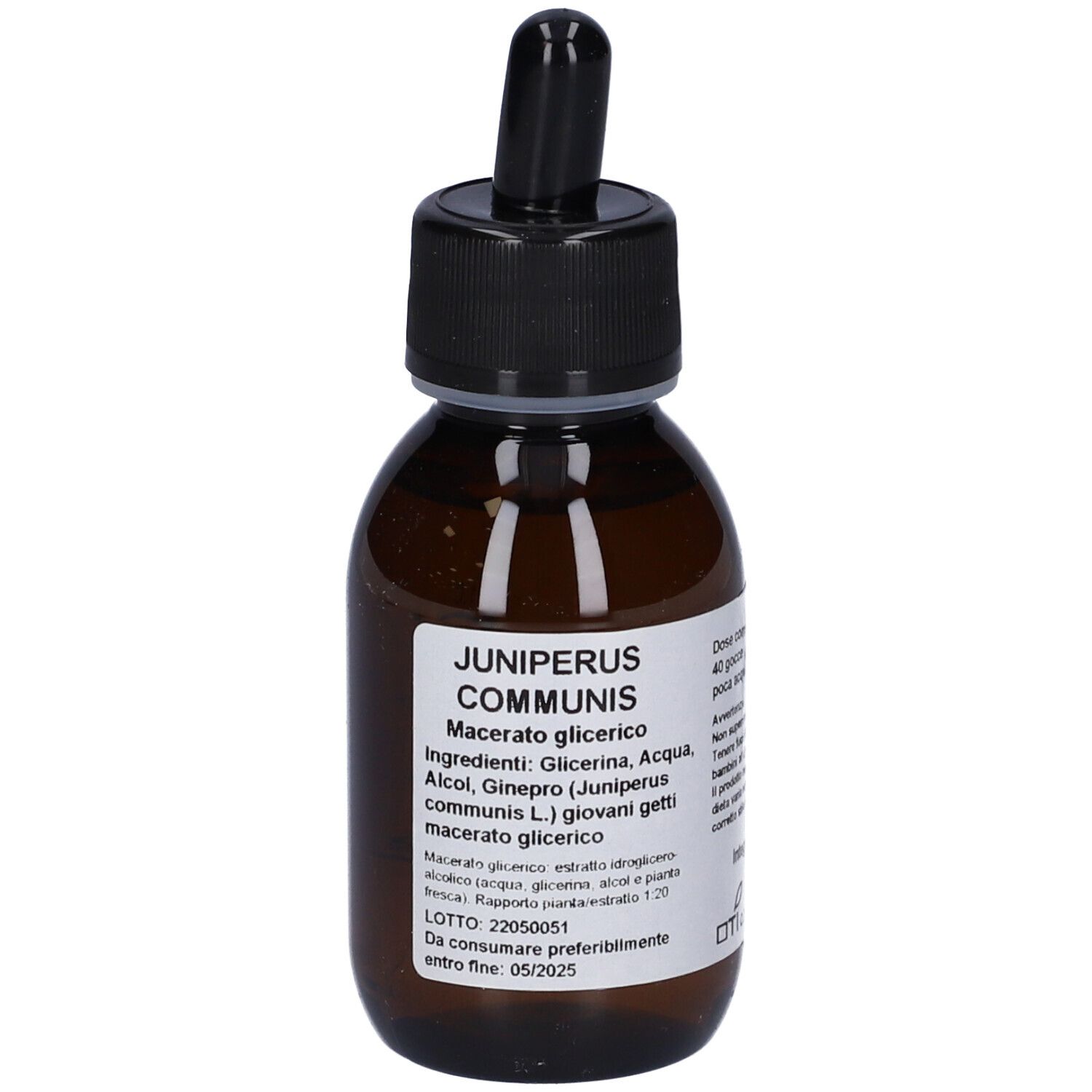 Flacone di vetro marrone con tappo nero e contagocce. Etichetta con informazioni sul prodotto. Juniperus communis.