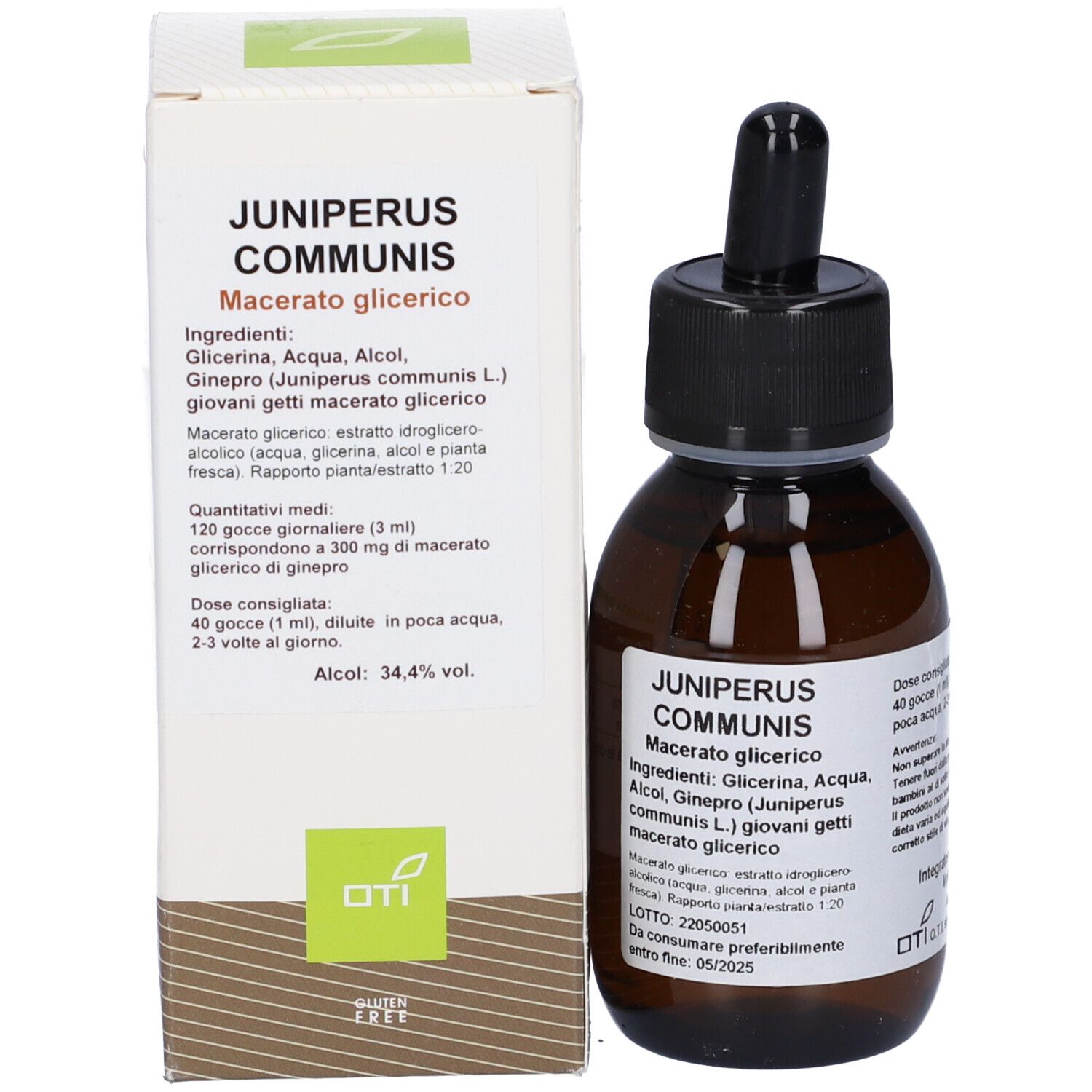 Flacone di vetro marrone con tappo nero e contagocce, accanto a una scatola bianca. Scritta: Juniperus communis.