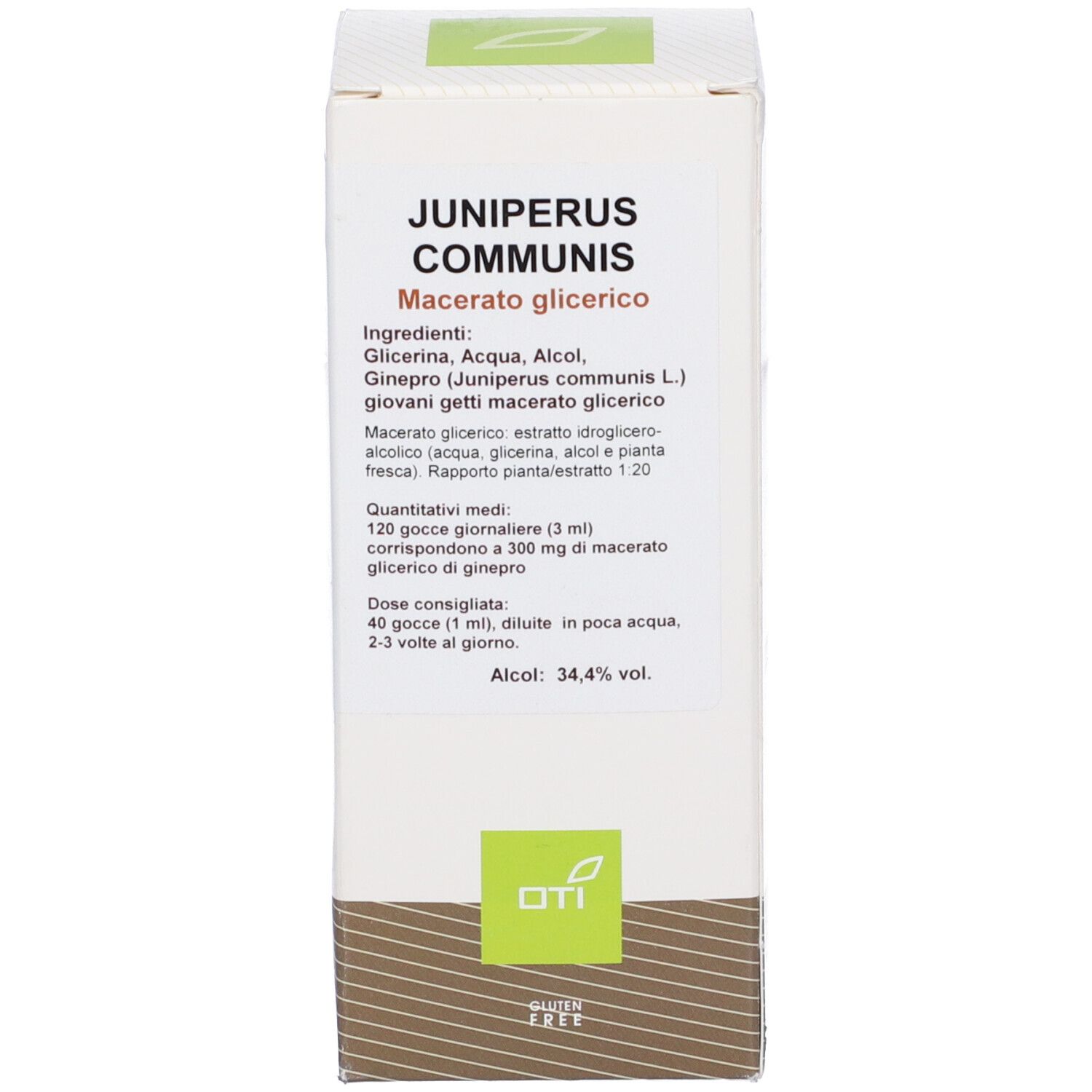 Scatola bianca con accenti verdi. Scritta: Juniperus communis. Simbolo senza glutine.