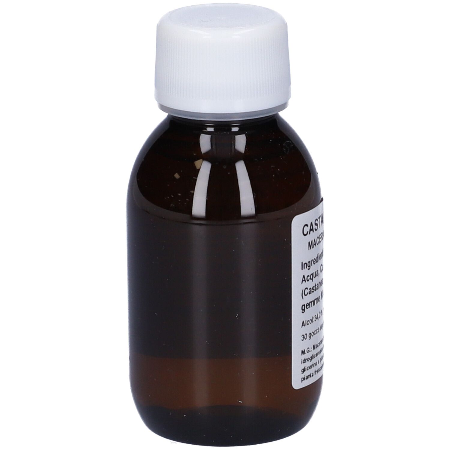 Flacone di vetro marrone con tappo bianco. Etichetta con informazioni sul prodotto. Logo OTI.