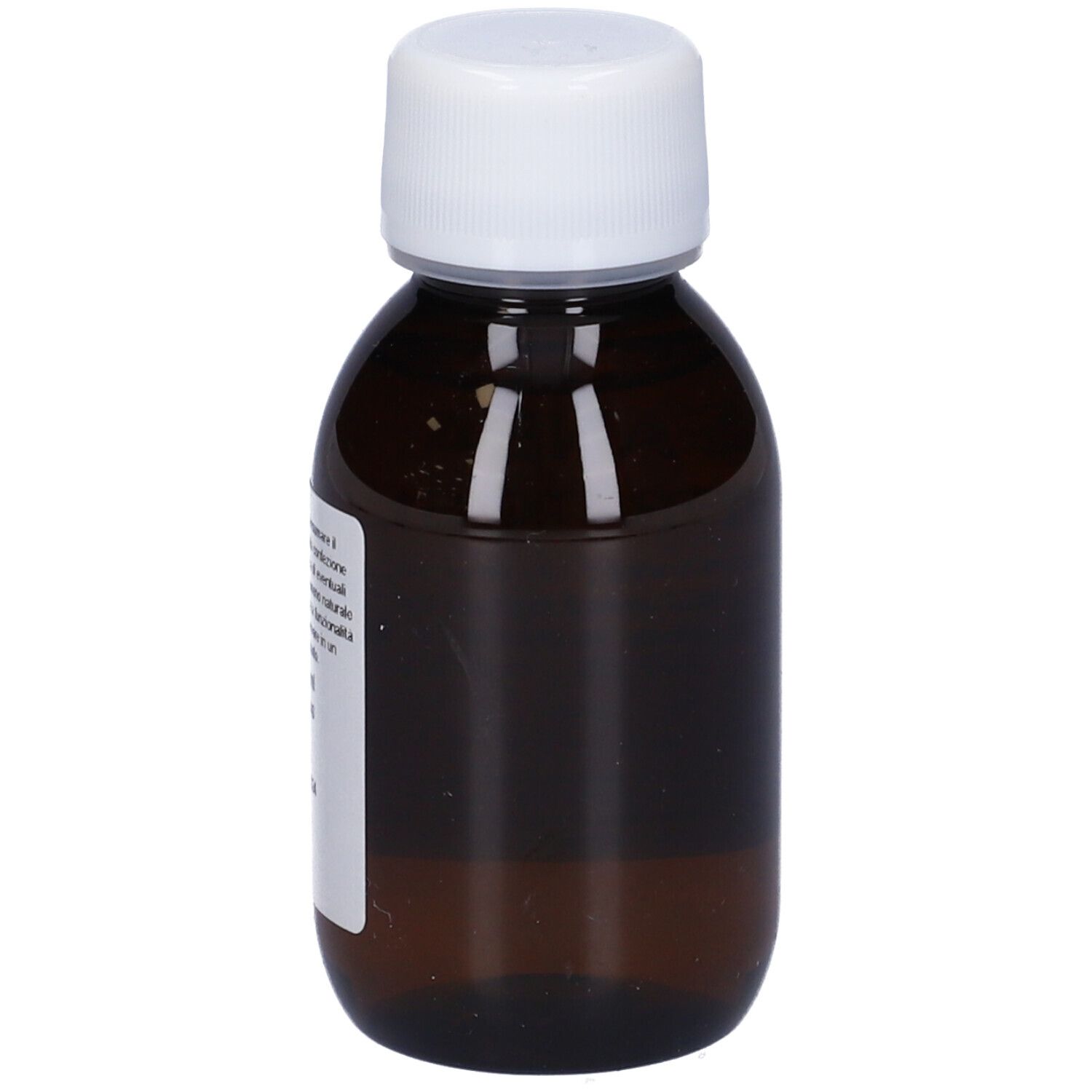 Flacone di vetro marrone con tappo bianco. Etichetta con informazioni sul prodotto. Logo OTI.