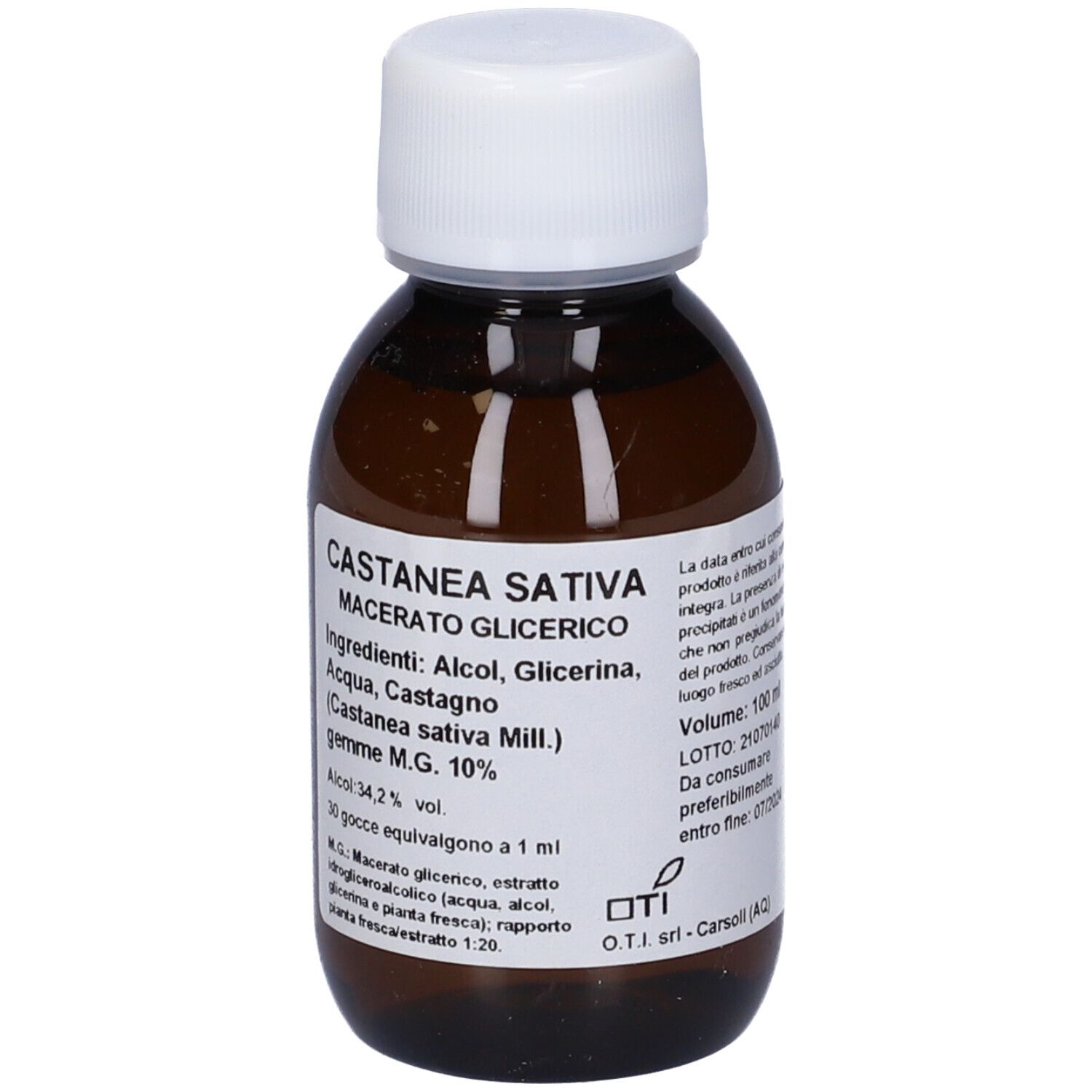 Flacone di vetro marrone con tappo bianco. Etichetta con informazioni sul prodotto. Logo OTI.
