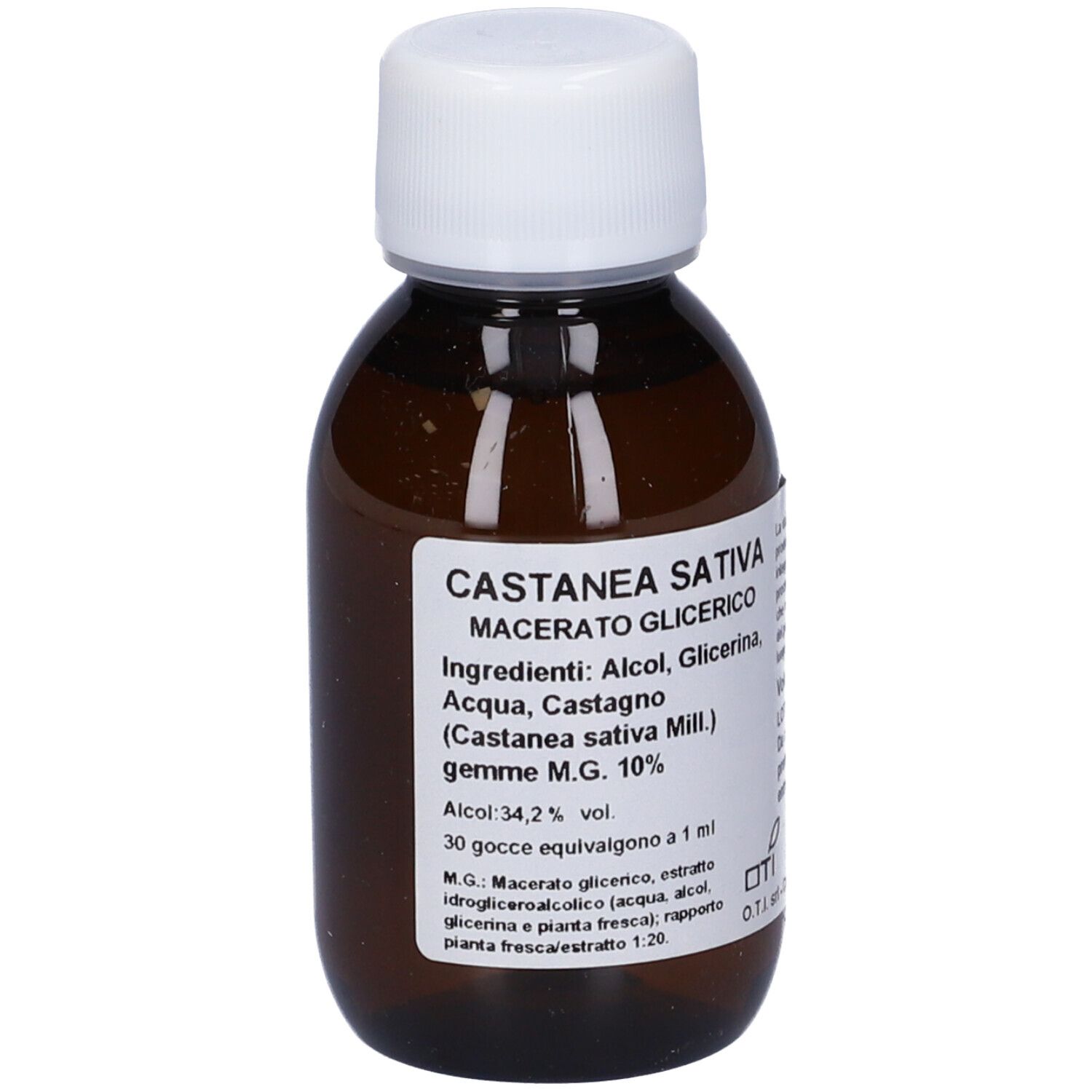 Flacone di vetro marrone con tappo bianco. Etichetta con informazioni sul prodotto. Logo OTI.