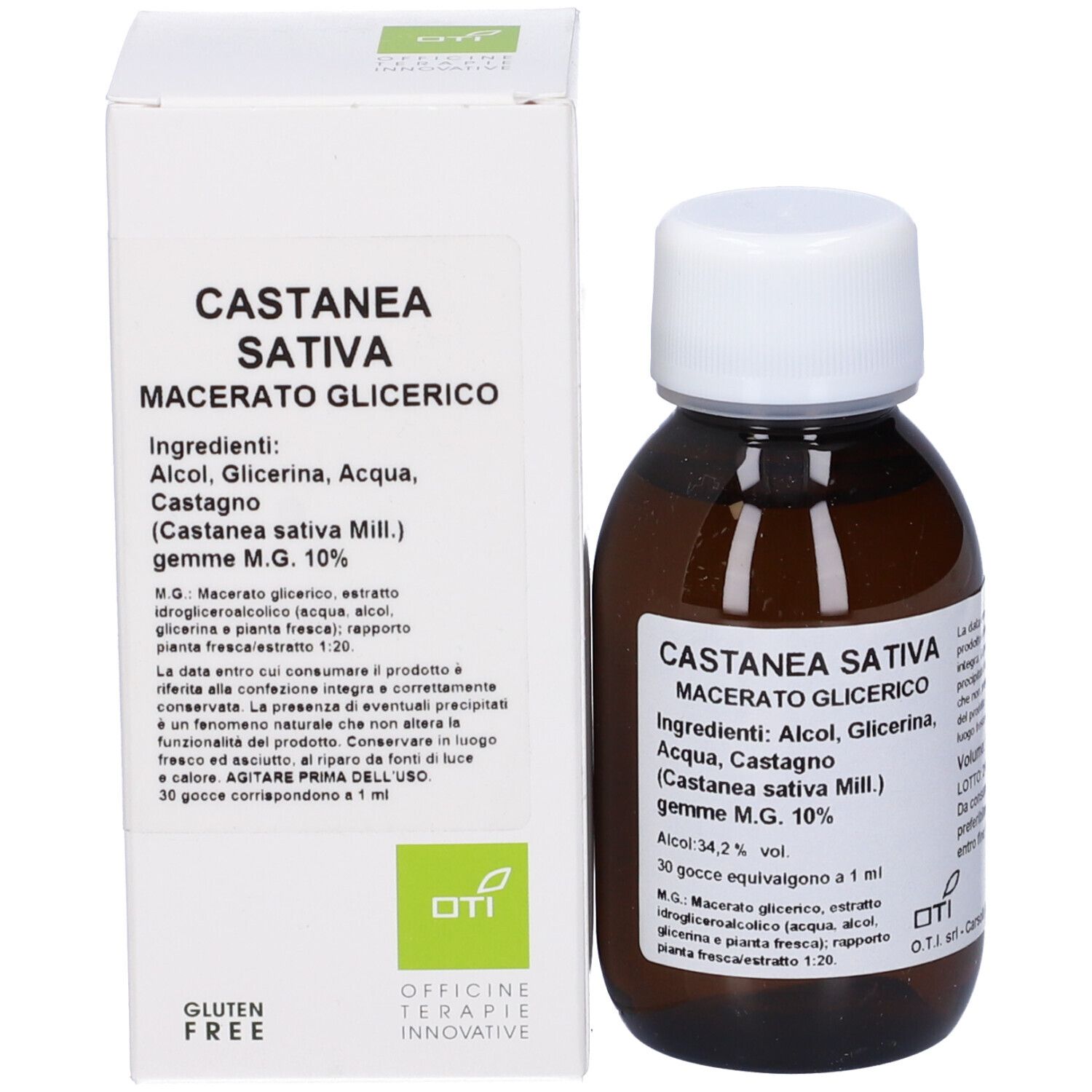 Flacone di vetro marrone con tappo bianco e scatola. Etichetta con informazioni sul prodotto. Logo OTI.