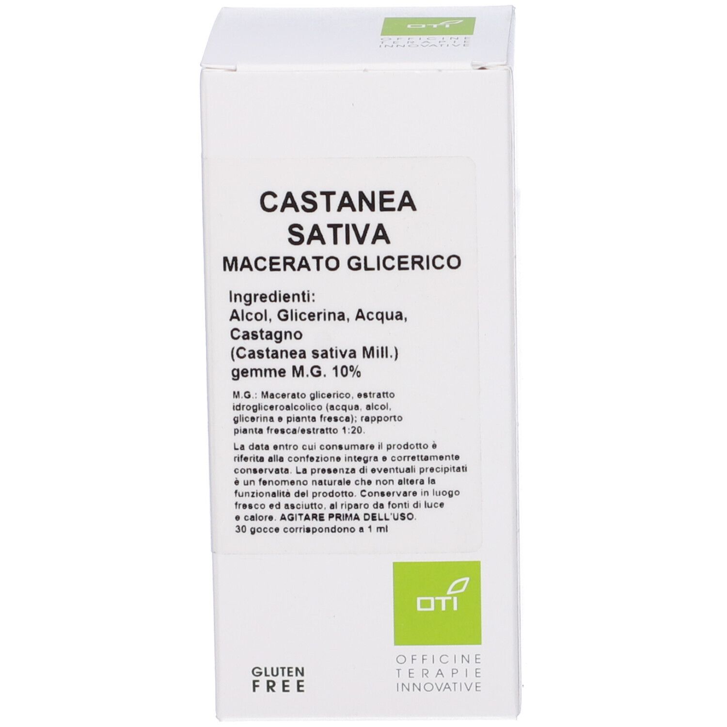 Scatola con informazioni sul prodotto e logo OTI. Logo senza glutine.