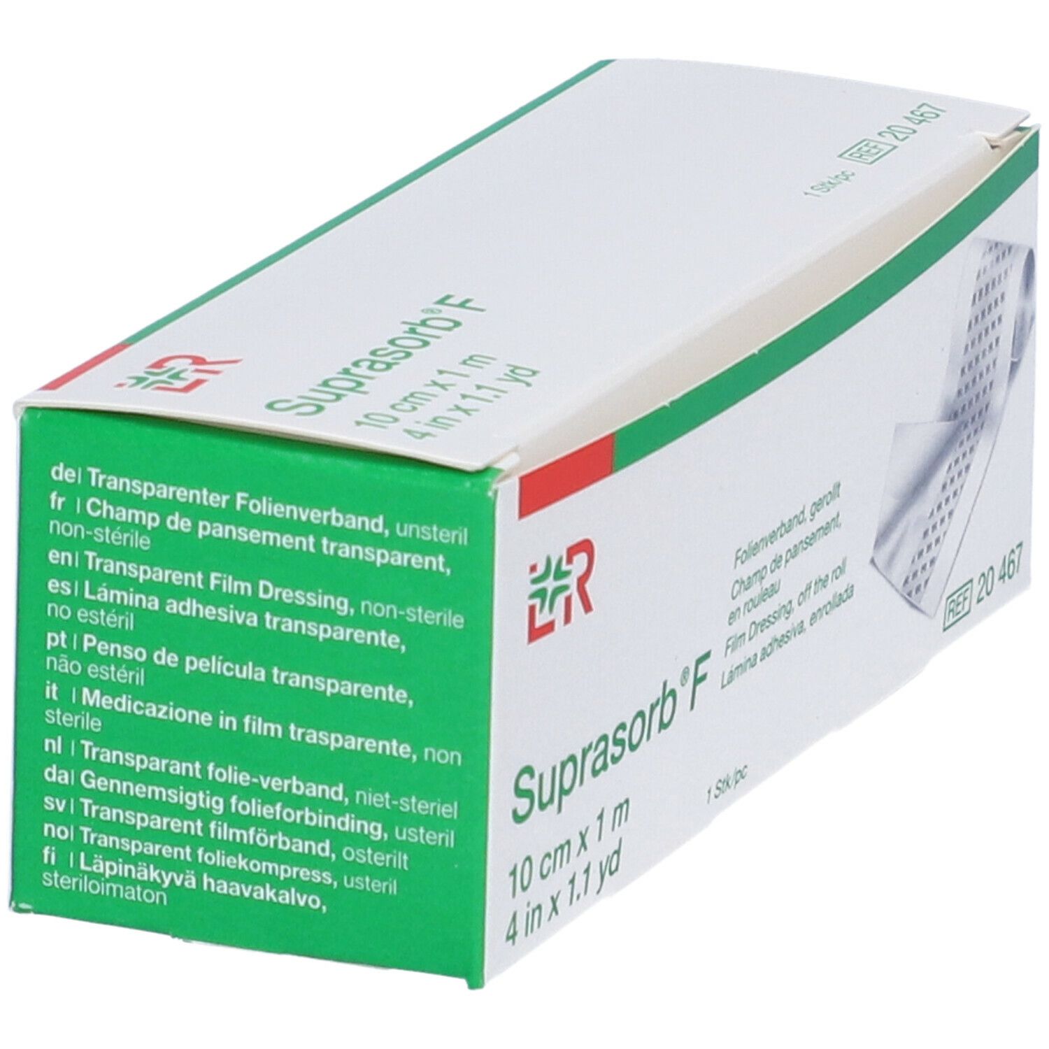Confezione aperta di medicazione in film Suprasorb® F. Informazioni e rotolo visibili.