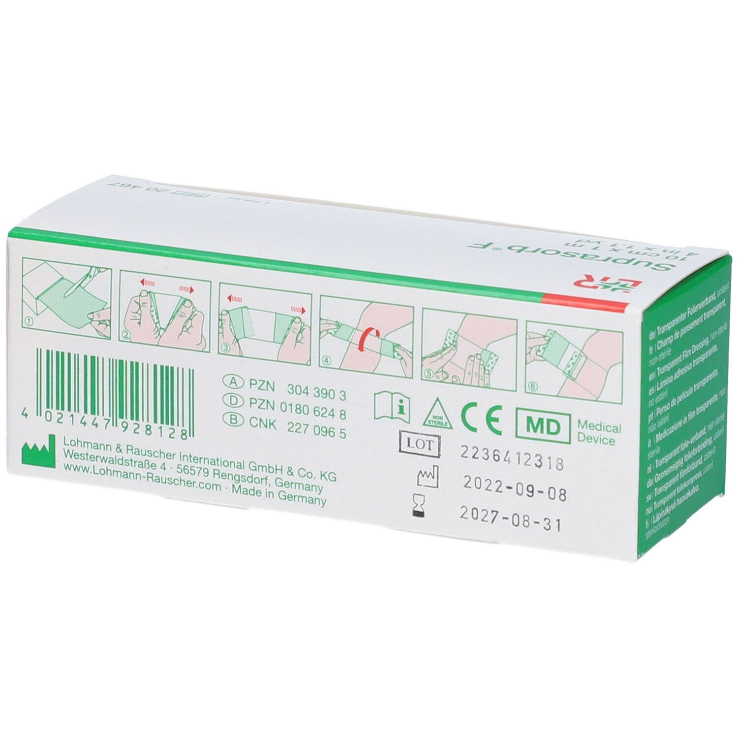 Retro della confezione Suprasorb® F. Pittogrammi, numero di lotto, informazioni produttore.