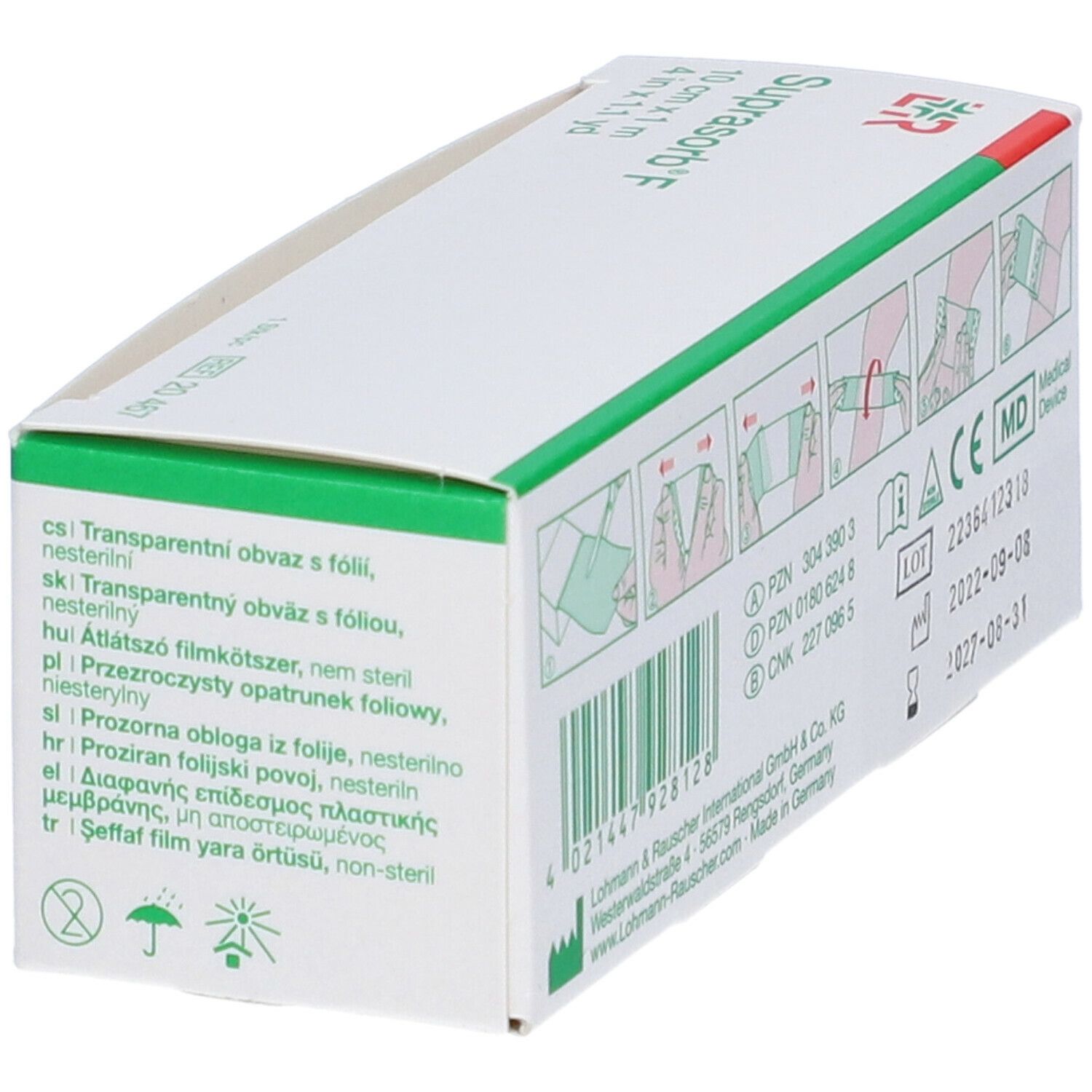 Retro della confezione Suprasorb® F. Pittogrammi, numero di lotto, informazioni produttore.