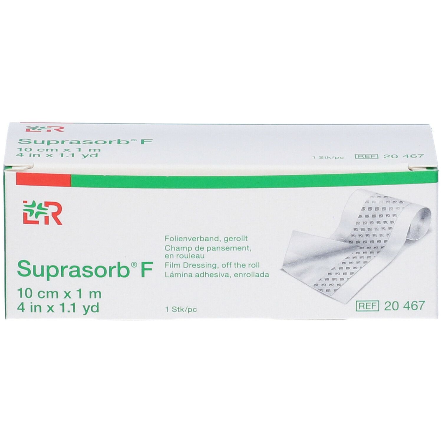 Confezione di medicazione in film Suprasorb® F. 10 cm x 1 m. Rotolo di medicazione visibile.
