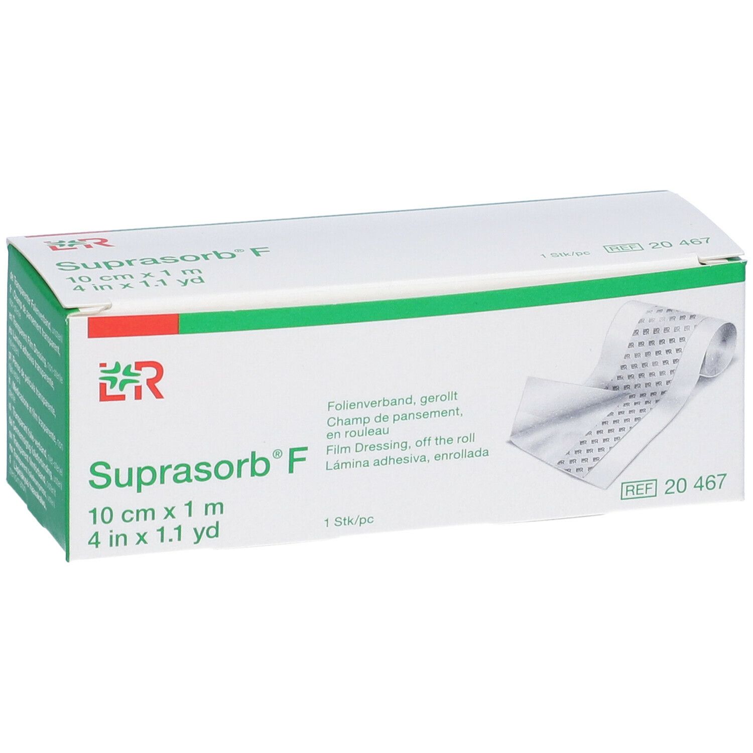 Confezione di medicazione in film Suprasorb® F. 10 cm x 1 m. Rotolo di medicazione visibile.