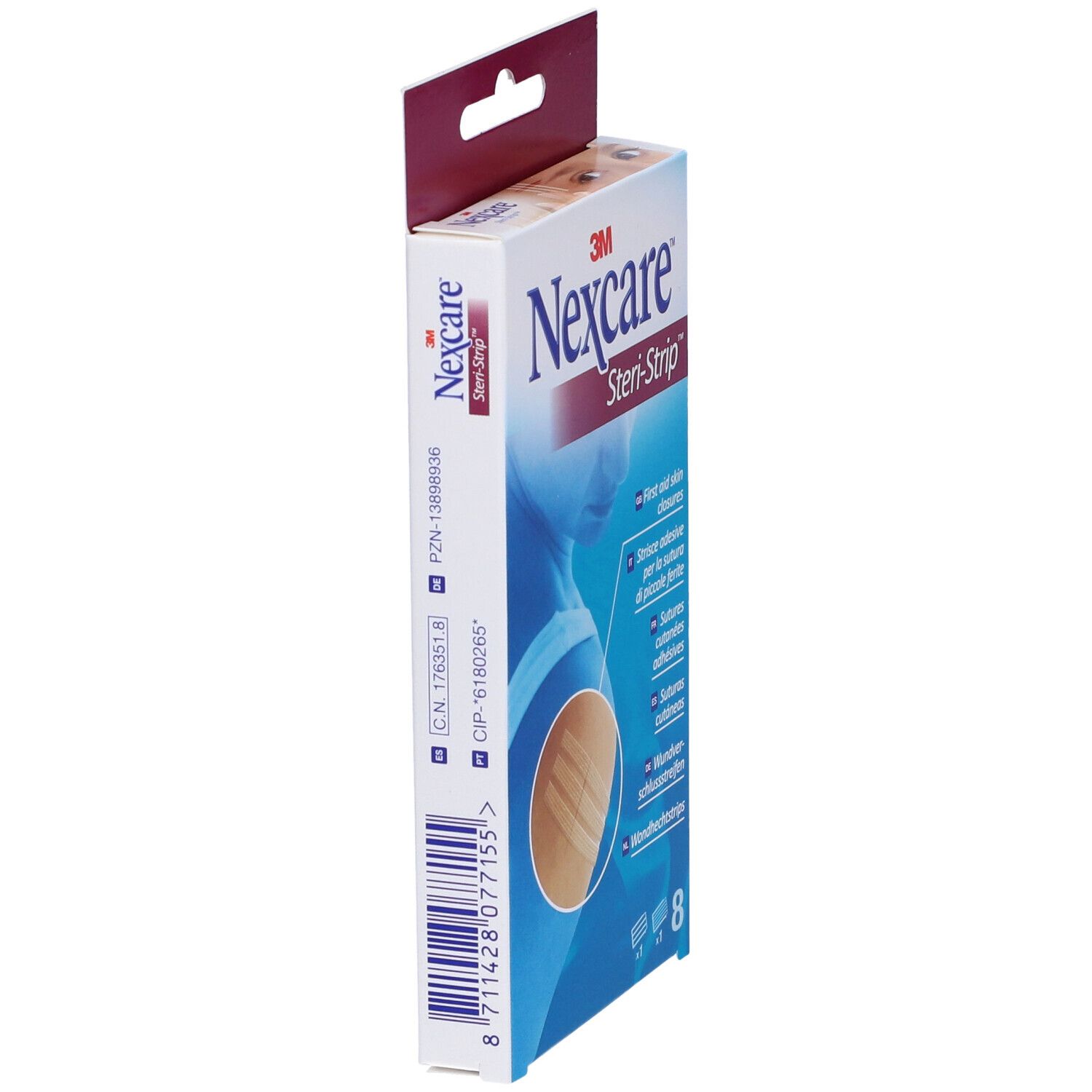 Confezione stretta di Nexcare Steri-Strip. Contiene 8 strisce adesive. Informazioni sul prodotto e codice a barre.