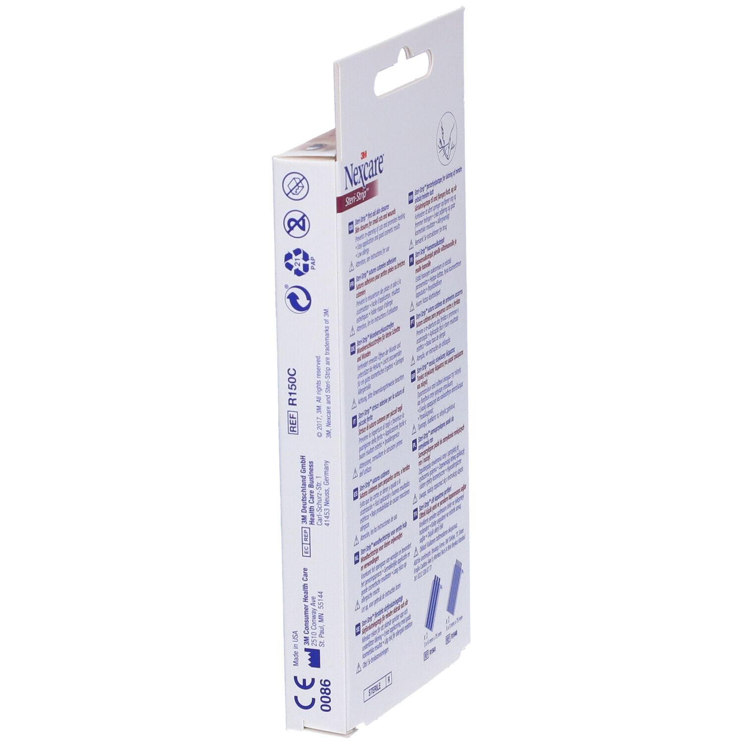 Lato della confezione Nexcare Steri-Strip. Informazioni sul prodotto, marchio CE e simboli di riciclaggio.