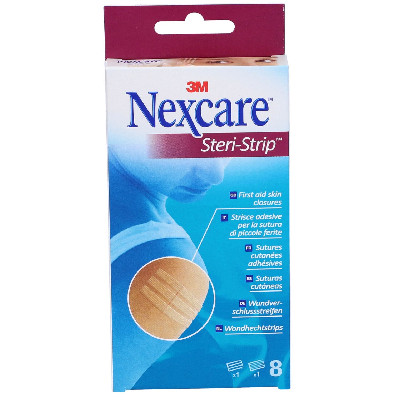 Confezione di Nexcare Steri-Strip. Contiene 8 strisce adesive. Scritte multilingue.