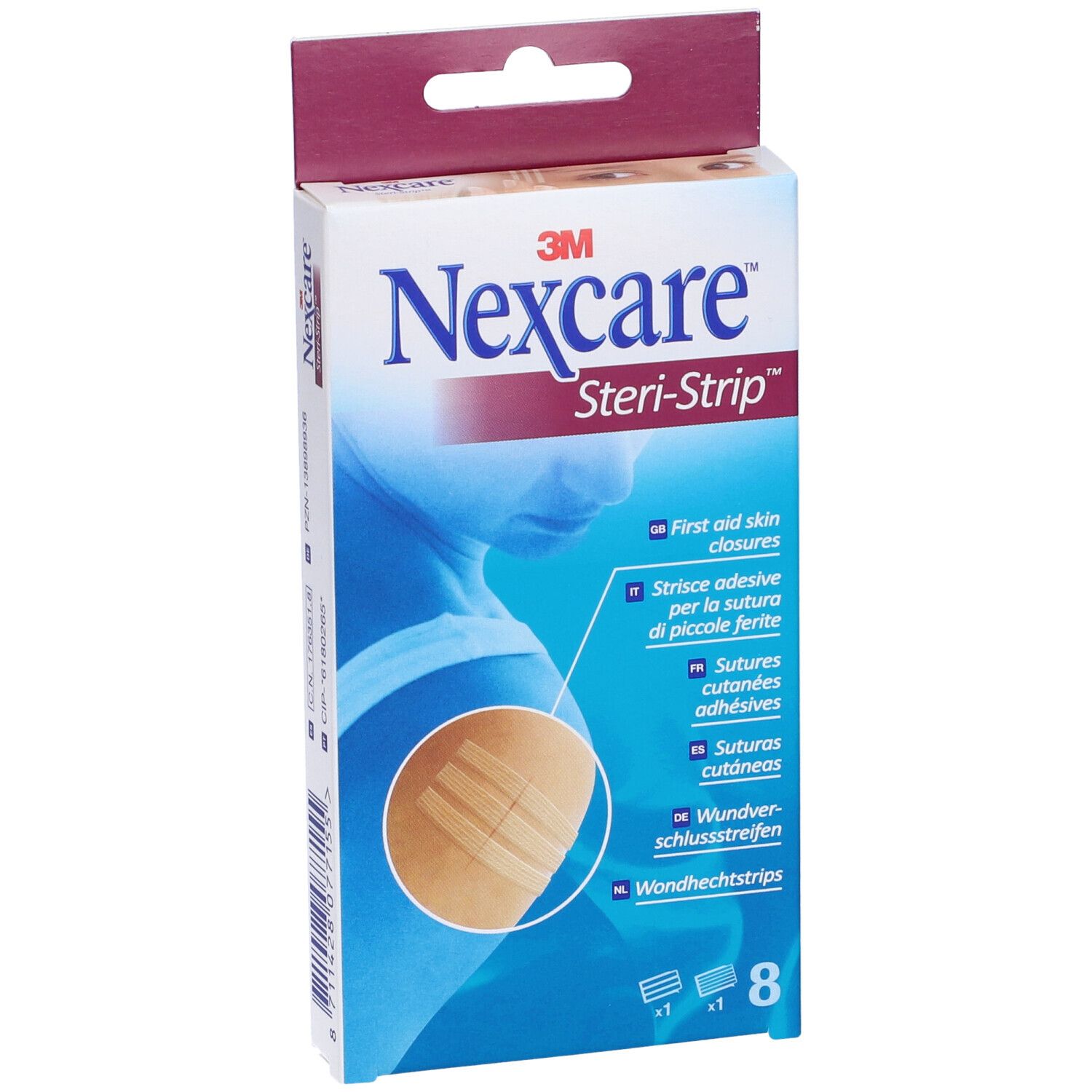 Confezione di Nexcare Steri-Strip. Contiene 8 strisce adesive. Scritte multilingue.