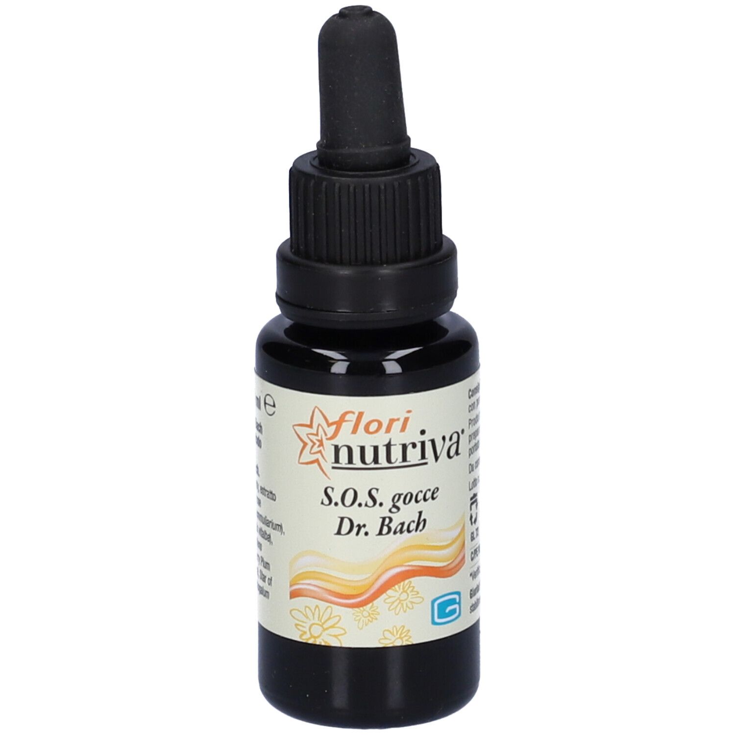 Flacone di vetro marrone con tappo e contagocce neri. Scritta: flori nutriva, S.O.S. gocce Dr. Bach.