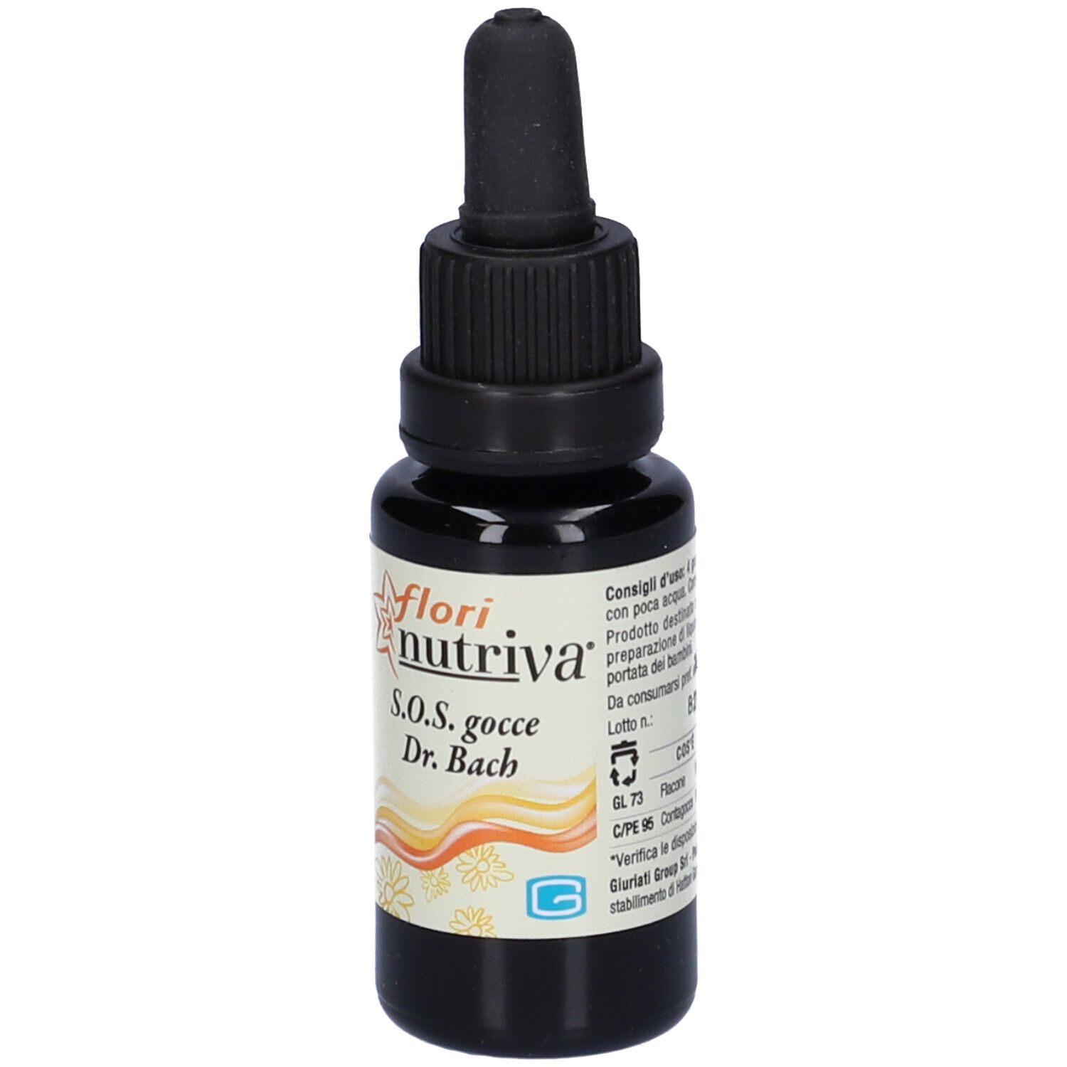 Flacone di vetro marrone con tappo nero. Scritta: flori nutriva, S.O.S. gocce Dr. Bach. Con istruzioni per il dosaggio.