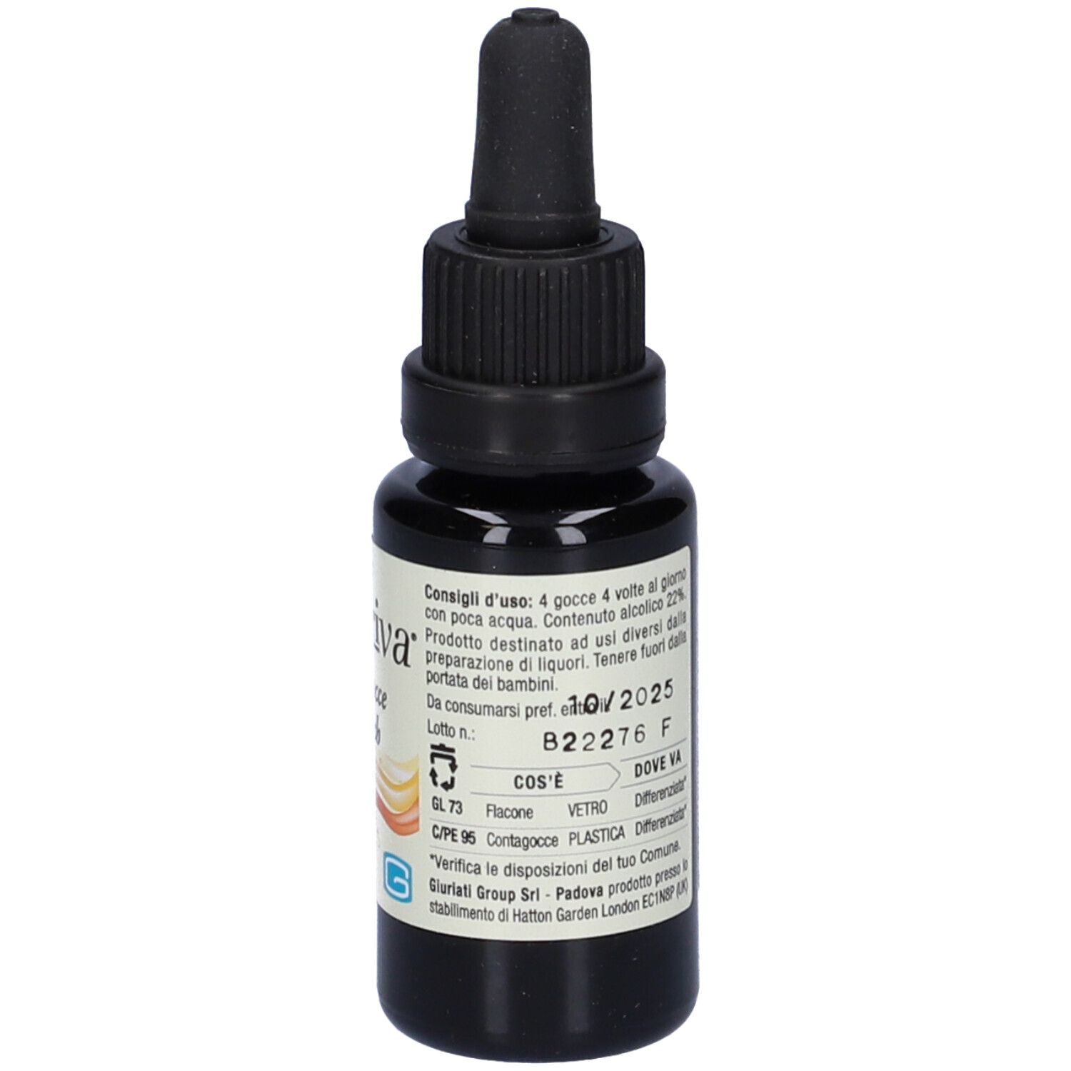 Flacone di vetro marrone con tappo nero. Scritta: flori nutriva, S.O.S. gocce Dr. Bach. Con data di scadenza.